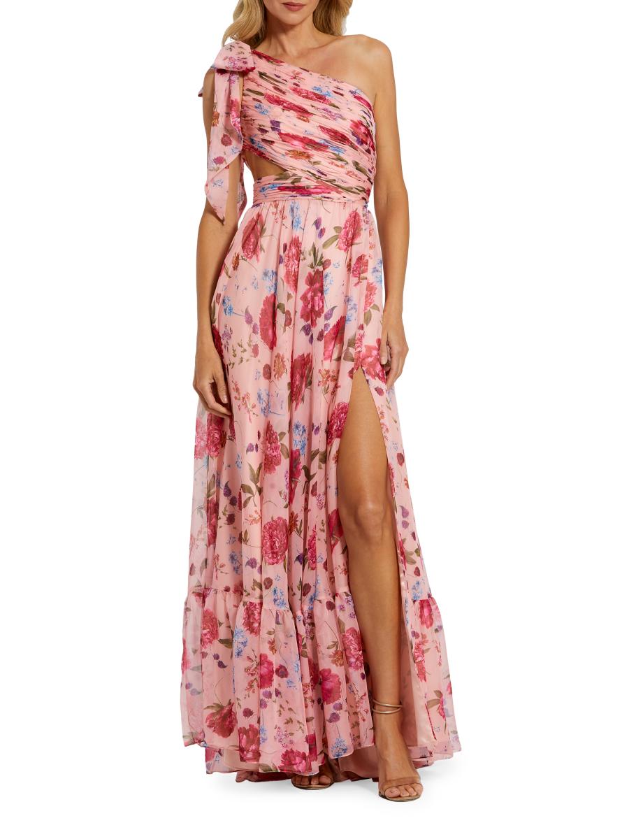 pink floral print chiffon one shoulder draped bodycon dress ASOS DESIGN one-shoulder draped maxi dress in pink floral print