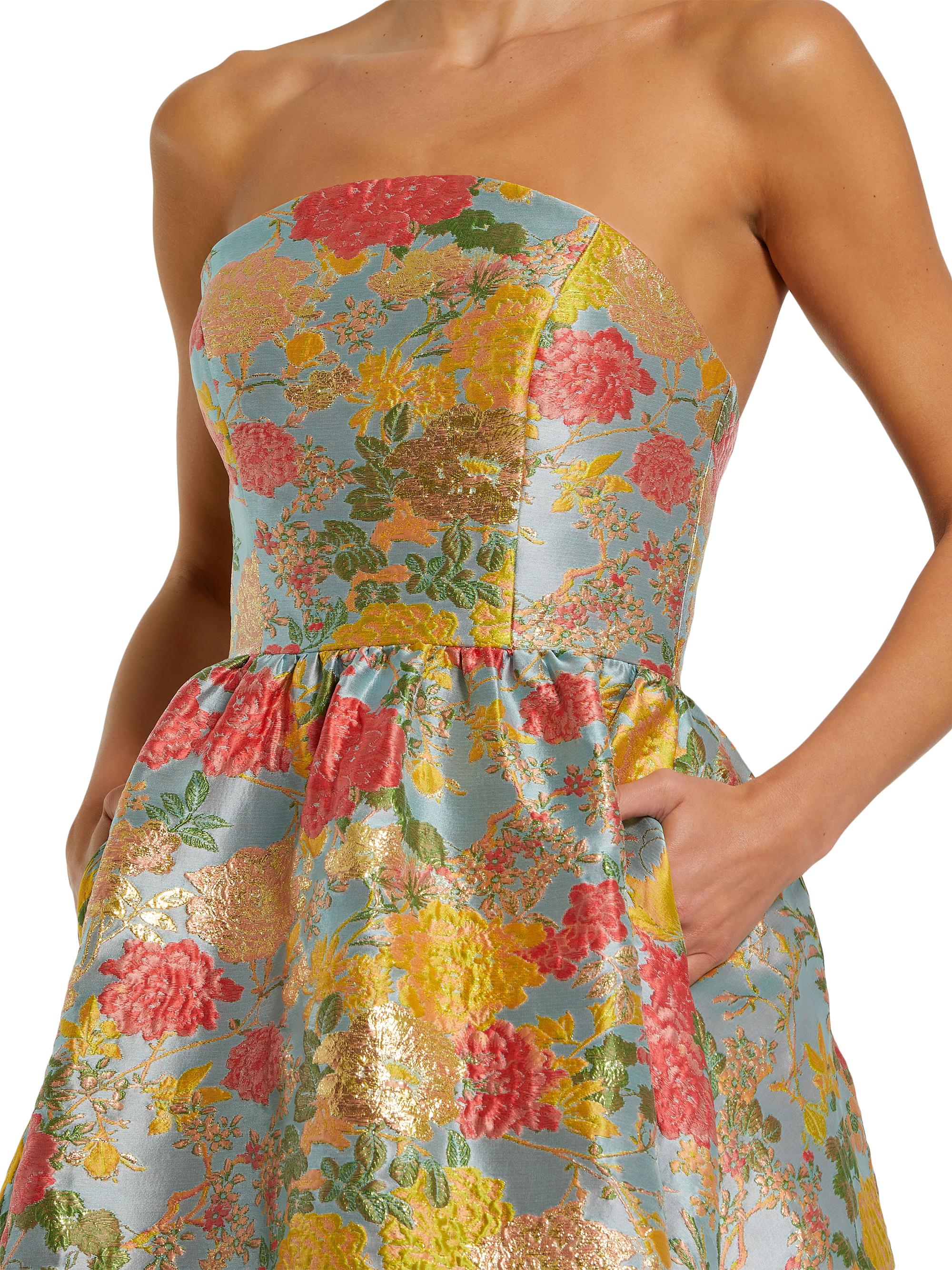 navy blue dress for baby girl Mac Duggal 11825 Ruffle Hem A-Line Floral Brocade Dress main image 1