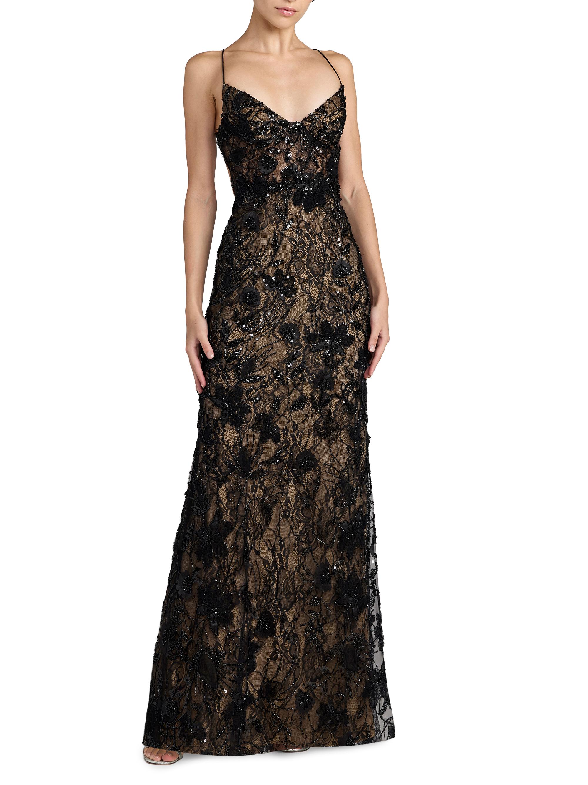 Mac Duggal Women's Floral Lace Open-Back Gown - Black Beige