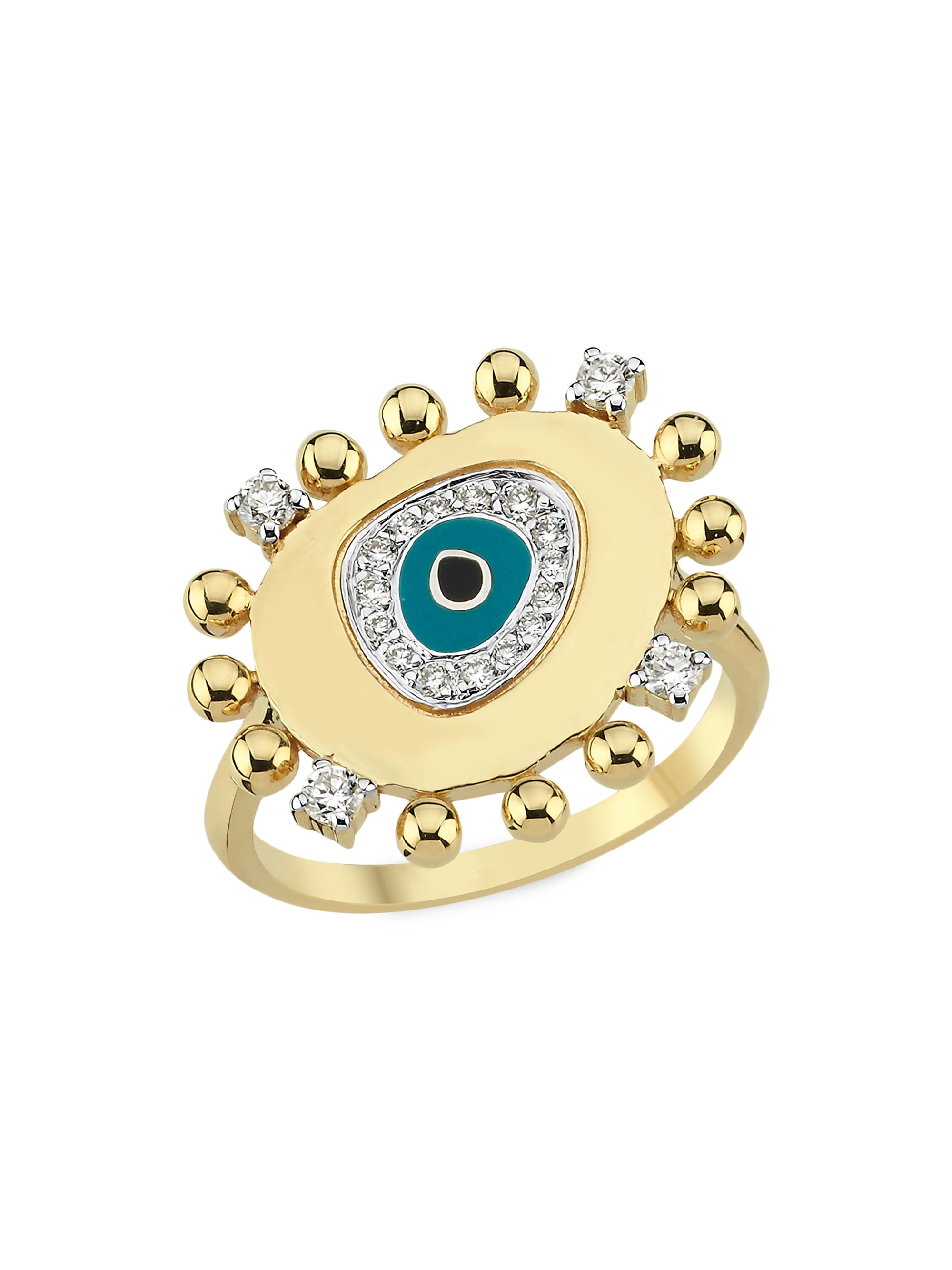 Charms Company Women's Gypset 14K Yellow Gold, Enamel & 0.24 TCW Diamond Evil Eye Ring - Blue
