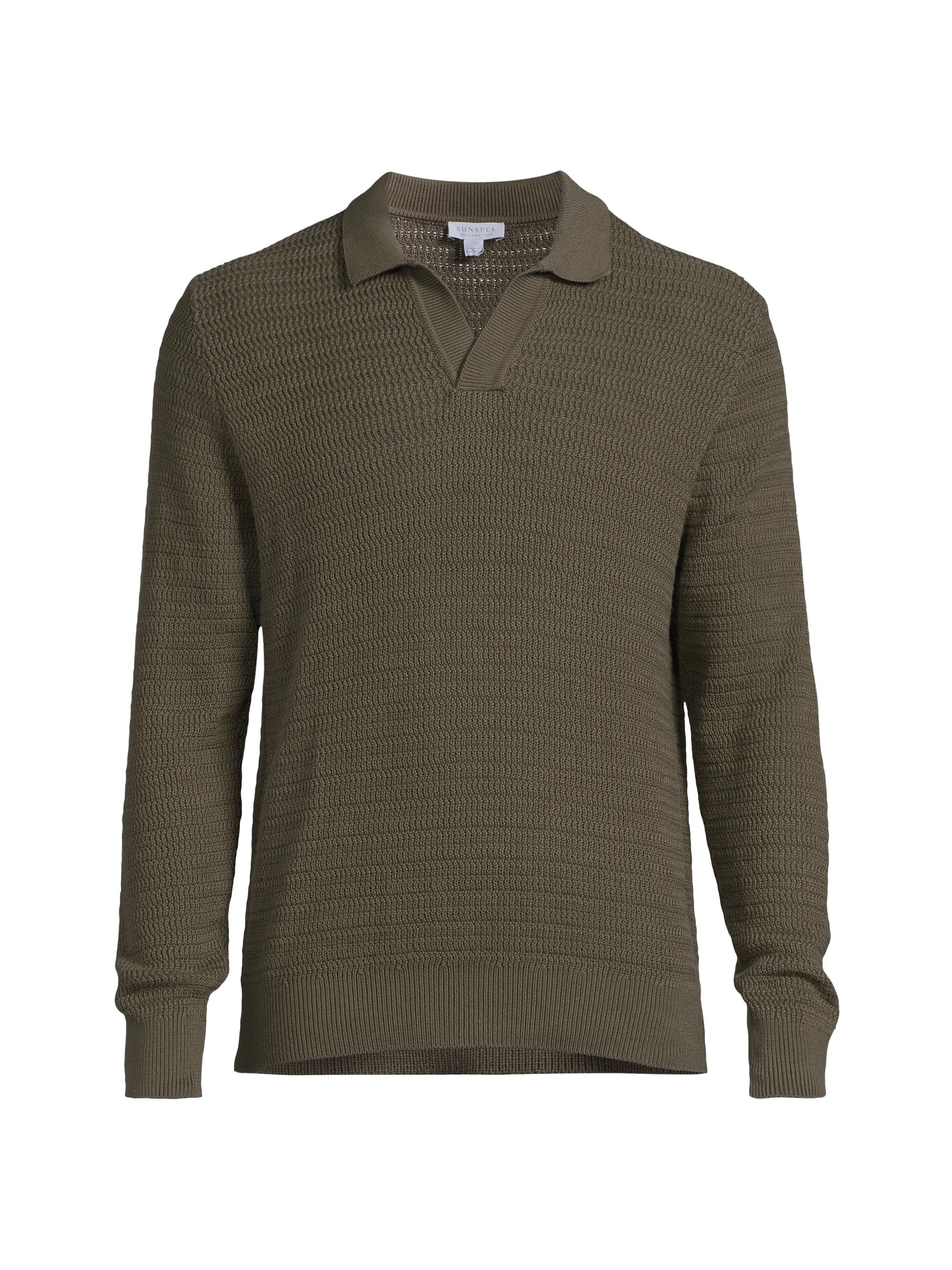 Sunspel Men's Textured Knit Cotton Split Neck Shirt - Khaki