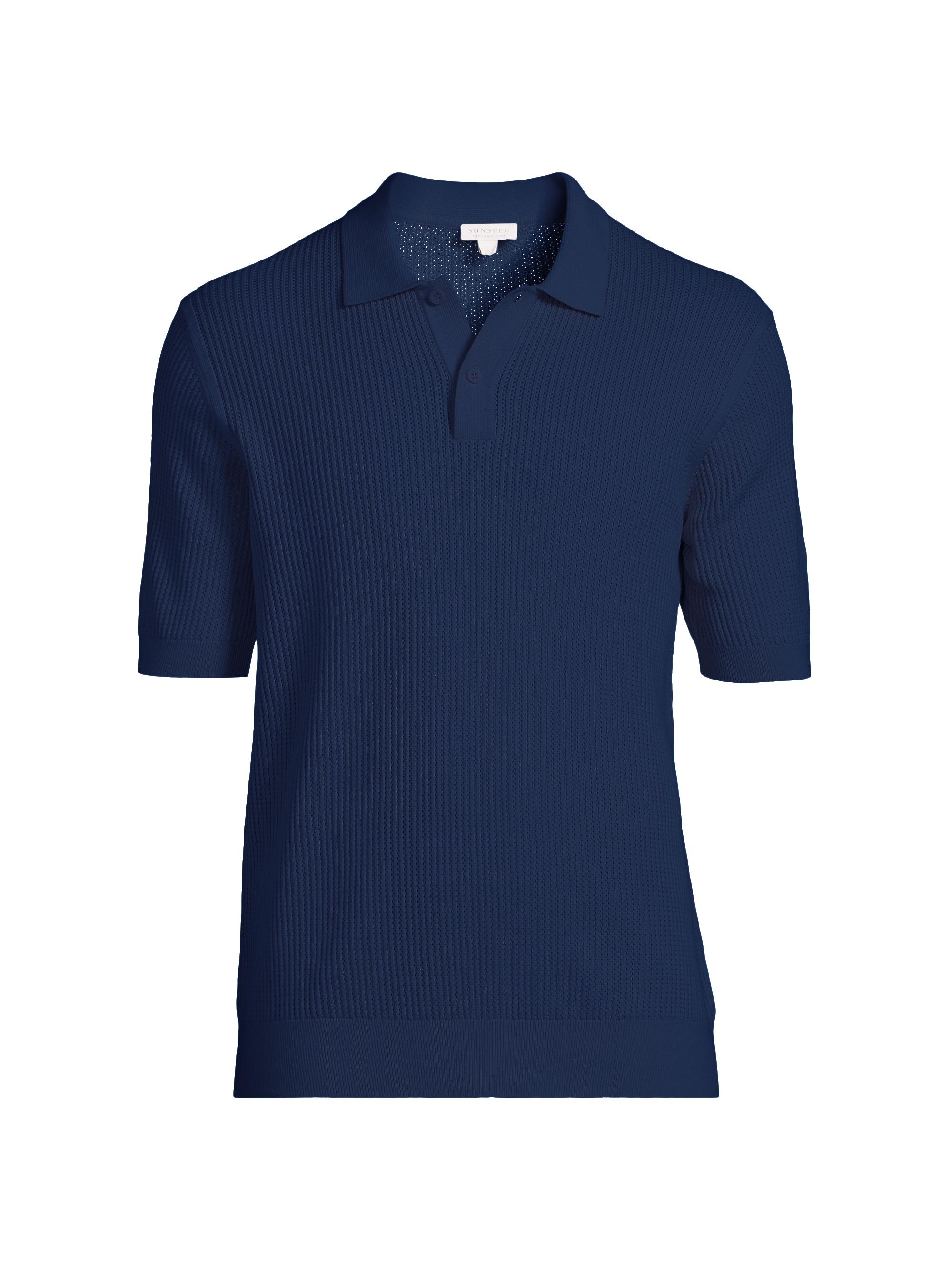 Sunspel Men's Cotton Mesh Stitch Short-Sleeve Polo Shirt - Navy
