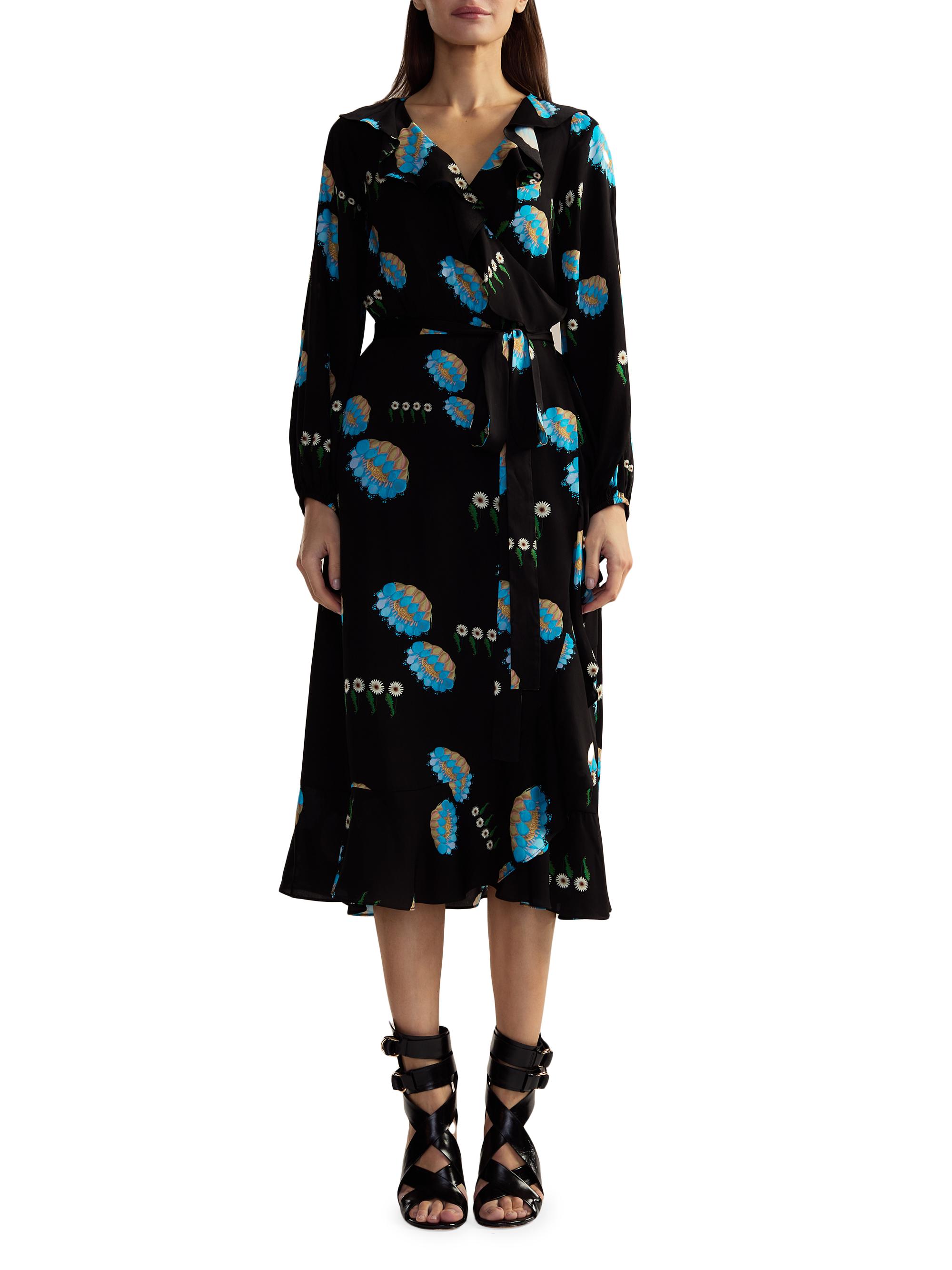 Cynthia Rowley Women's Belted Floral Ruffle-Trim Wrap Midi-Dress - Black Floral