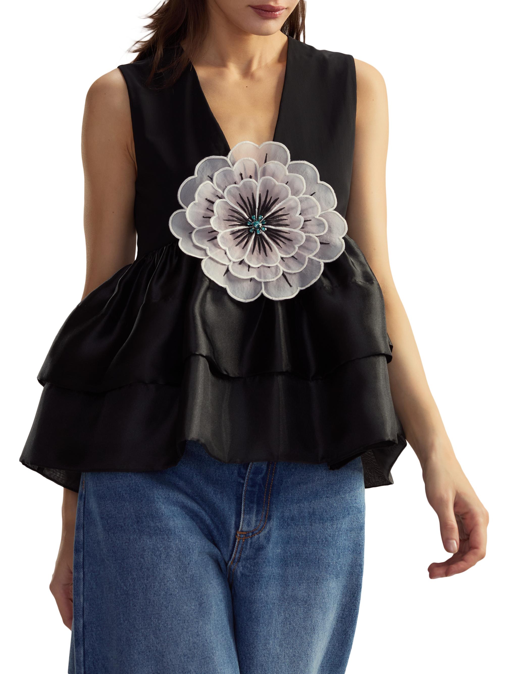 Cynthia Rowley Women's V-Neck Organza Flower Top - Black Multi