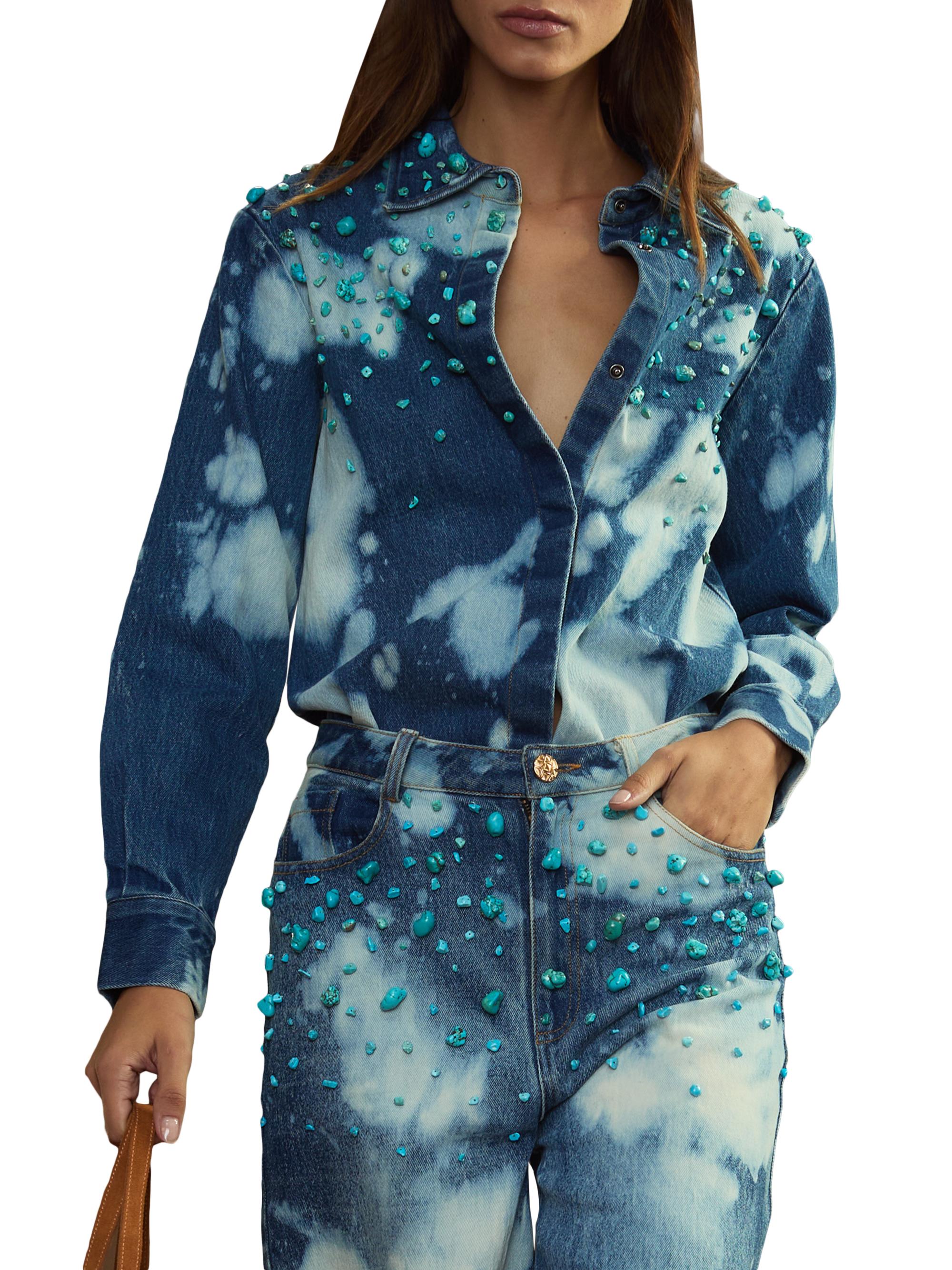 Cynthia Rowley Women's Stone Wash Denim Embellished Shirt - Bleach Wash