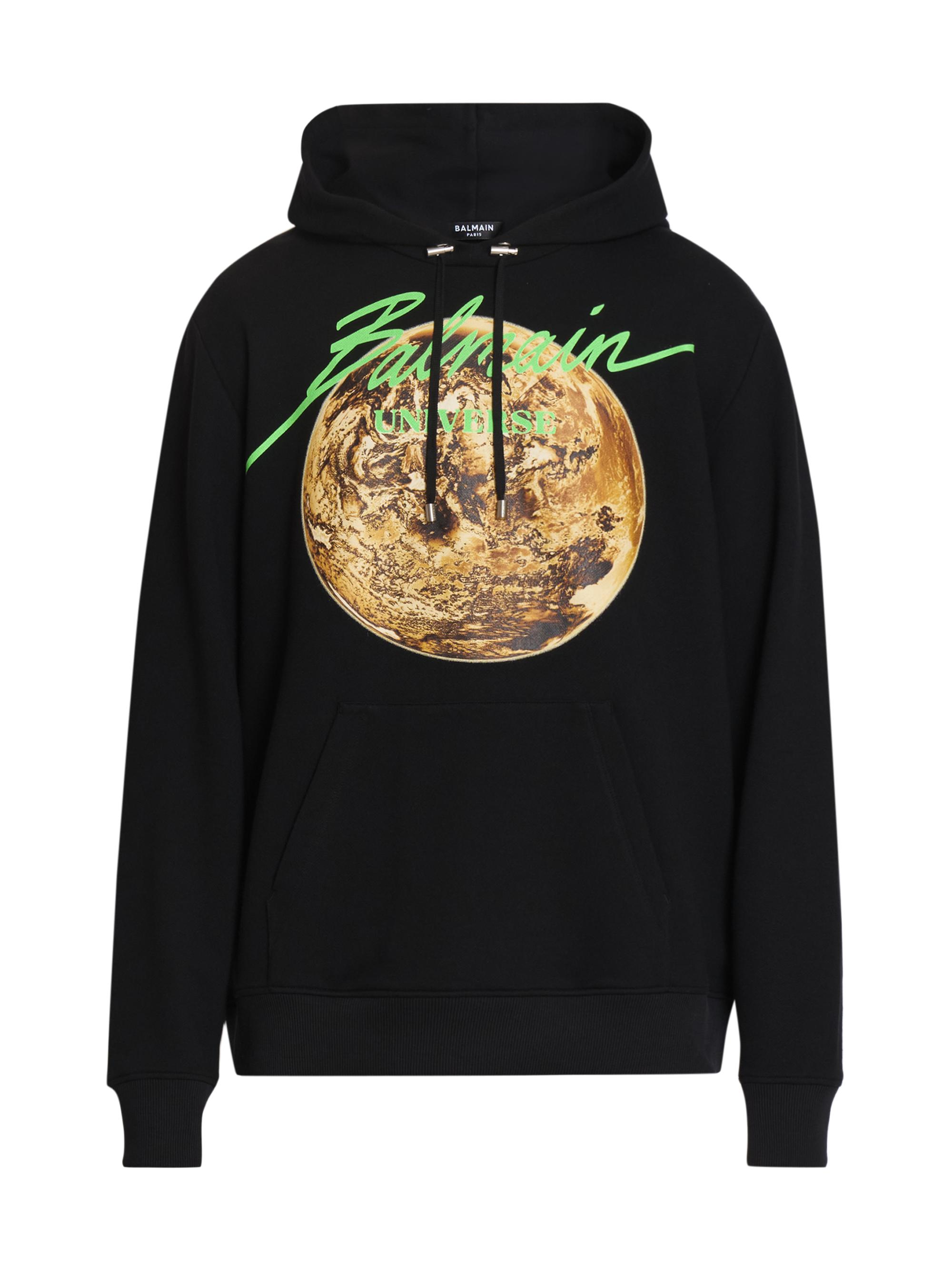 Balmain Men's Universe & Planet Logo Graphic Cotton Hoodie - Noir Jade