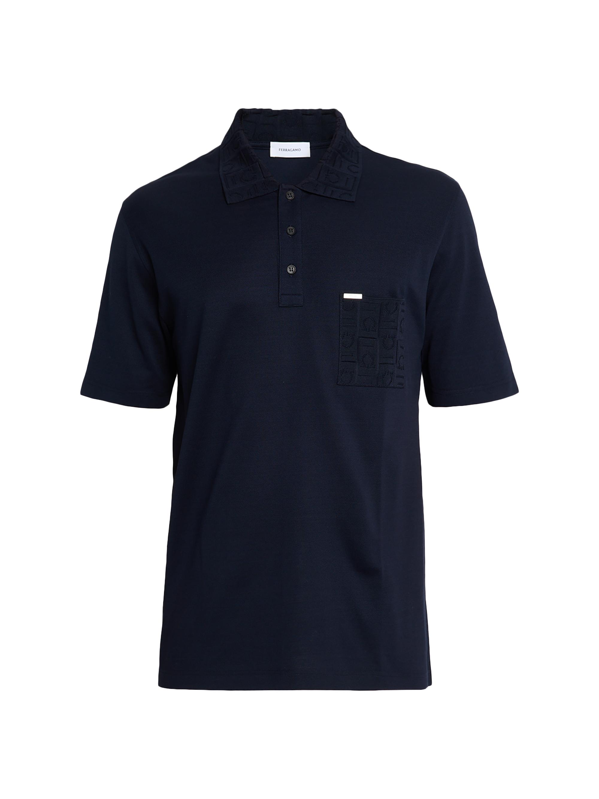 FERRAGAMO Men's Gancini Jacquard-Trim Cotton Pique Polo Shirt - New Navy
