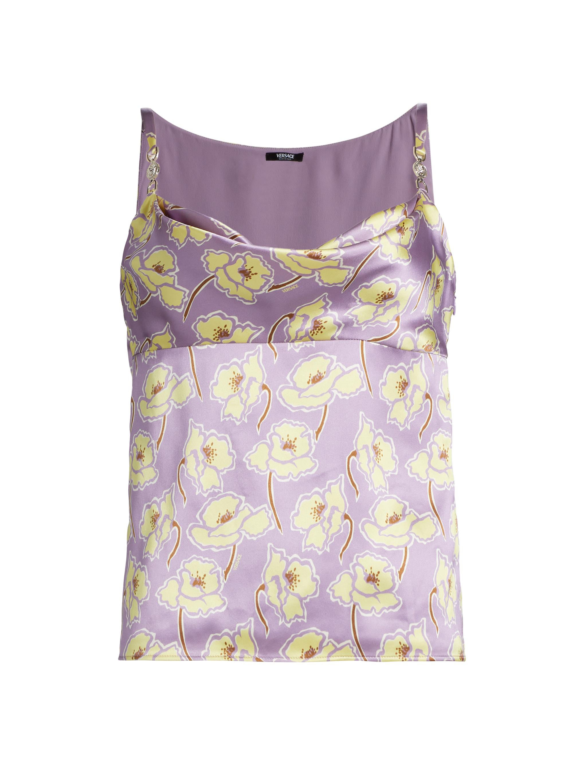 Versace Women's Floral Silk Sleeveless Blouse - Dusty Lavander Pale Yellow