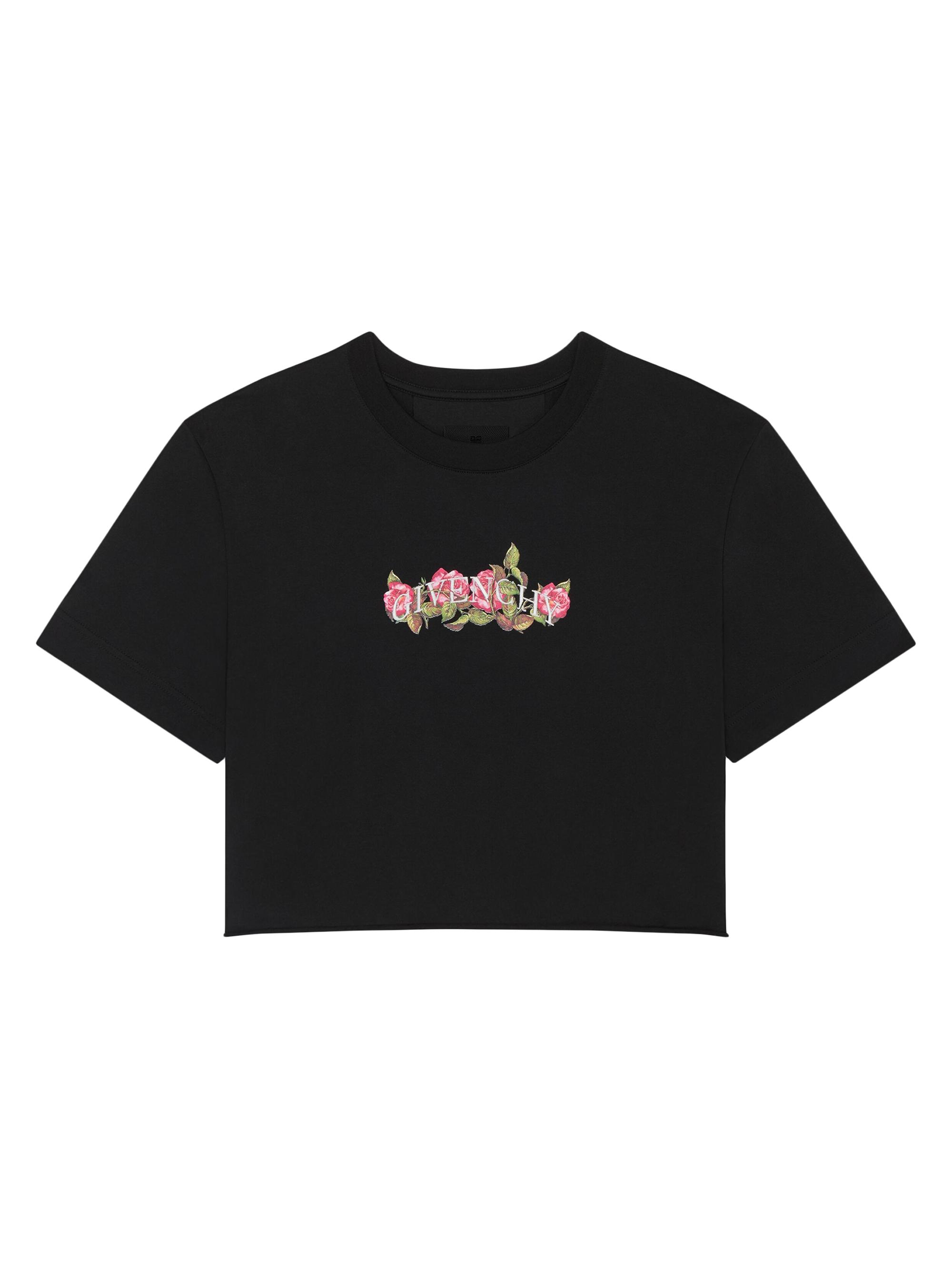 Givenchy Women's Cropped T-Shirt in Cotton with Roses Print - Black