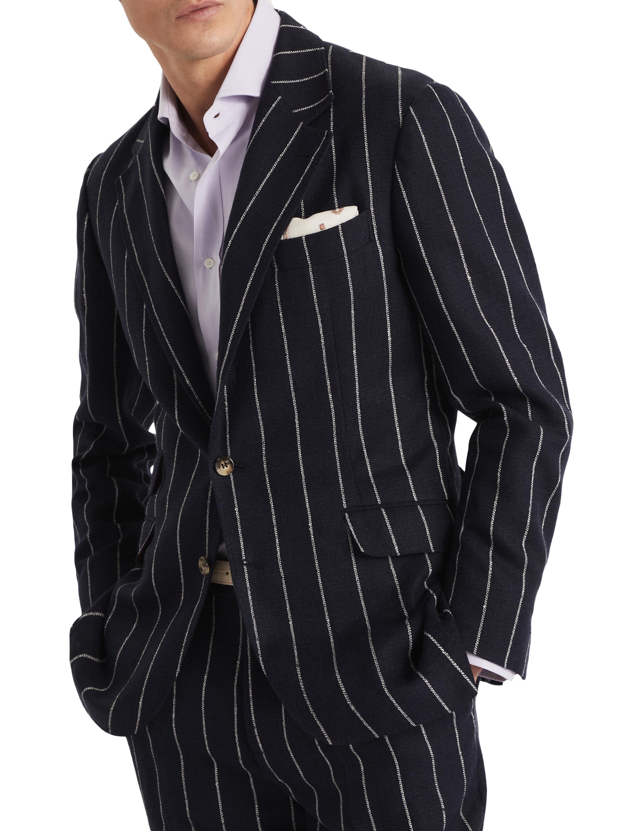 Brunello Cucinelli Men's Stripe Canvas Deconstructed Cavallo Blazer - Navy Blue