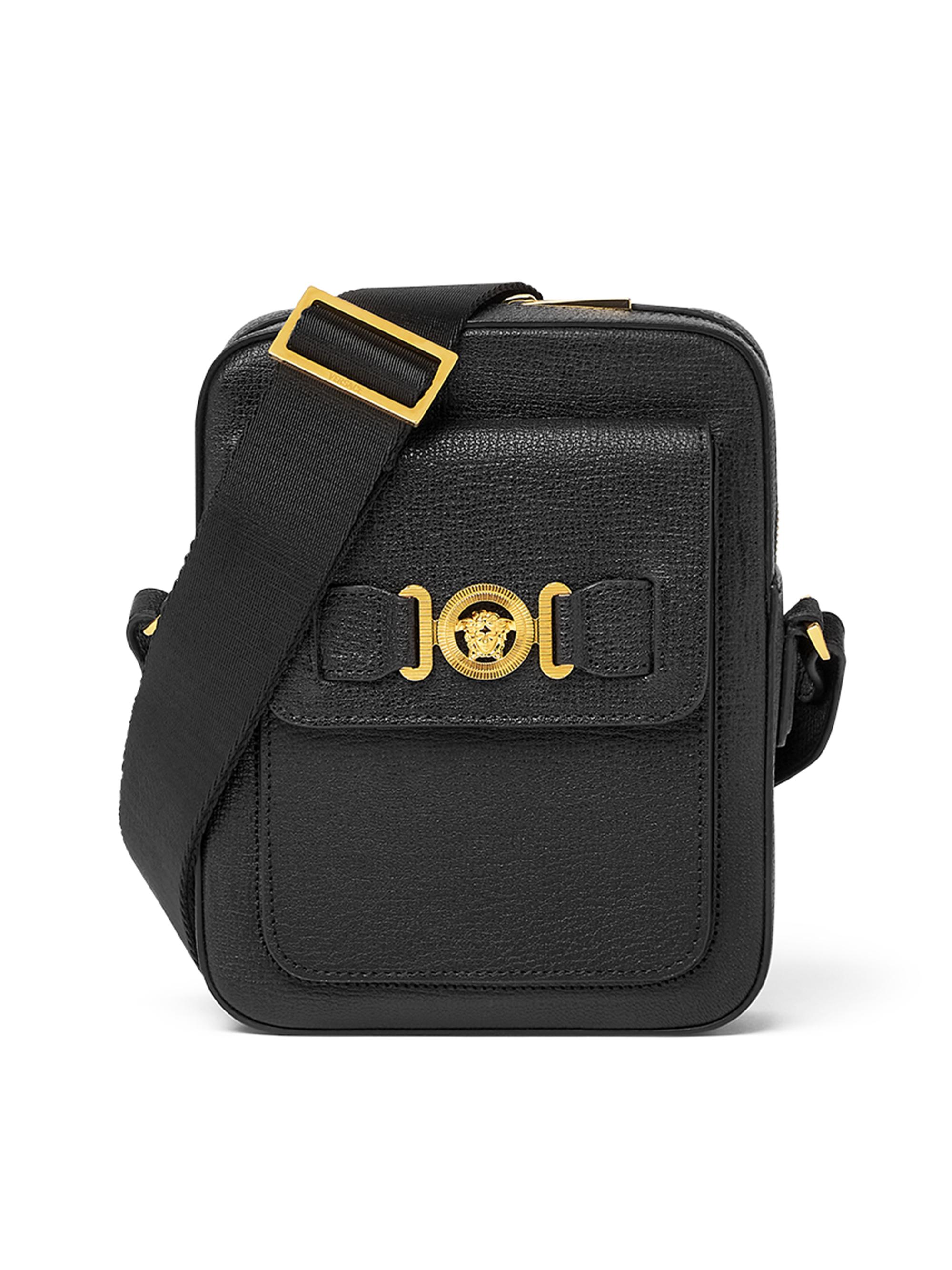 Versace Men's Vertical Logo Leather Crossbody Bag - Black  Gold
