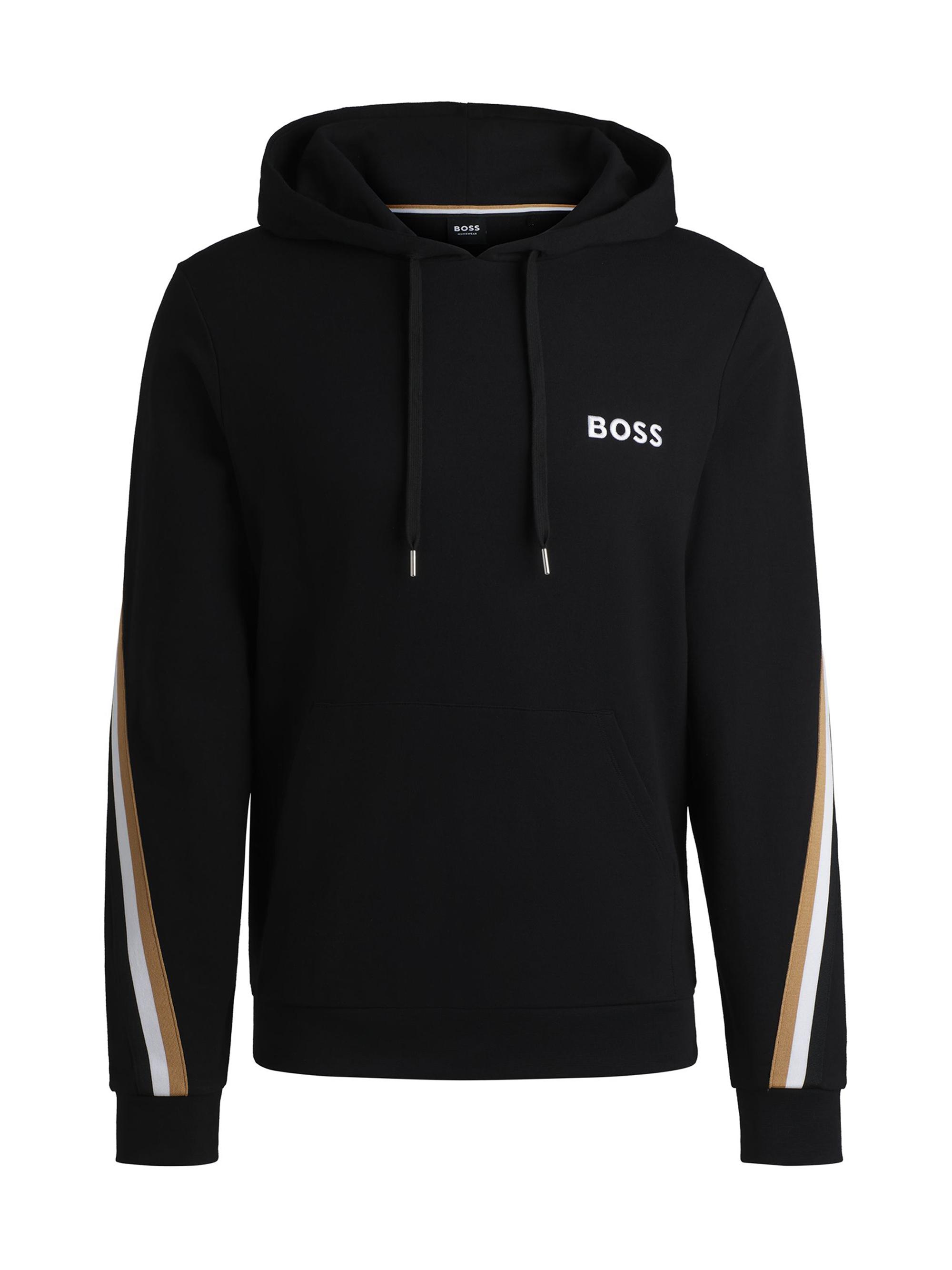 BOSS Men's Cotton-Terry Hoodie with Signature-Stripe Tape - Black