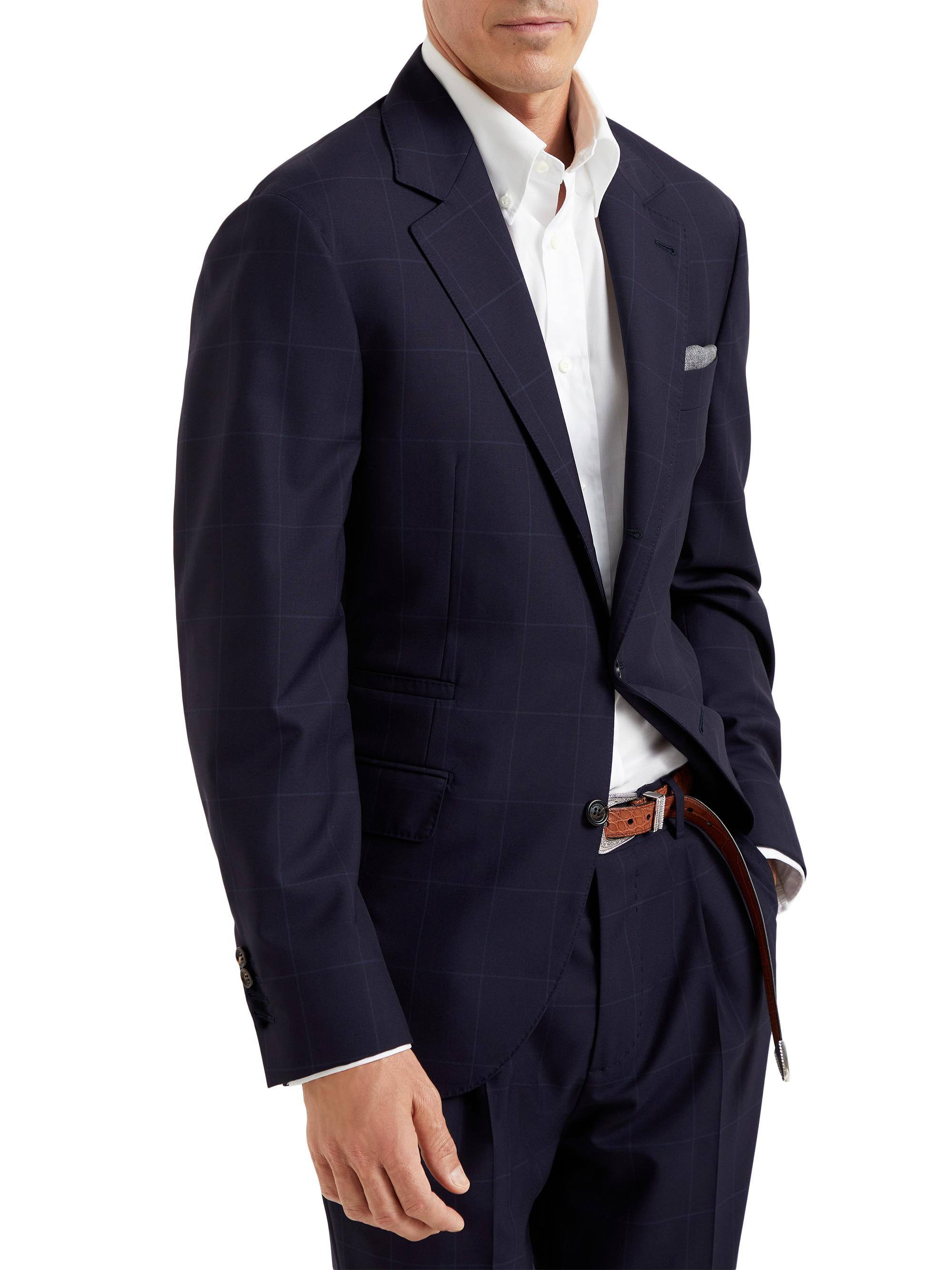 Brunello Cucinelli Men's Super 120s Virgin Wool Overcheck Jacket - Navy Blue