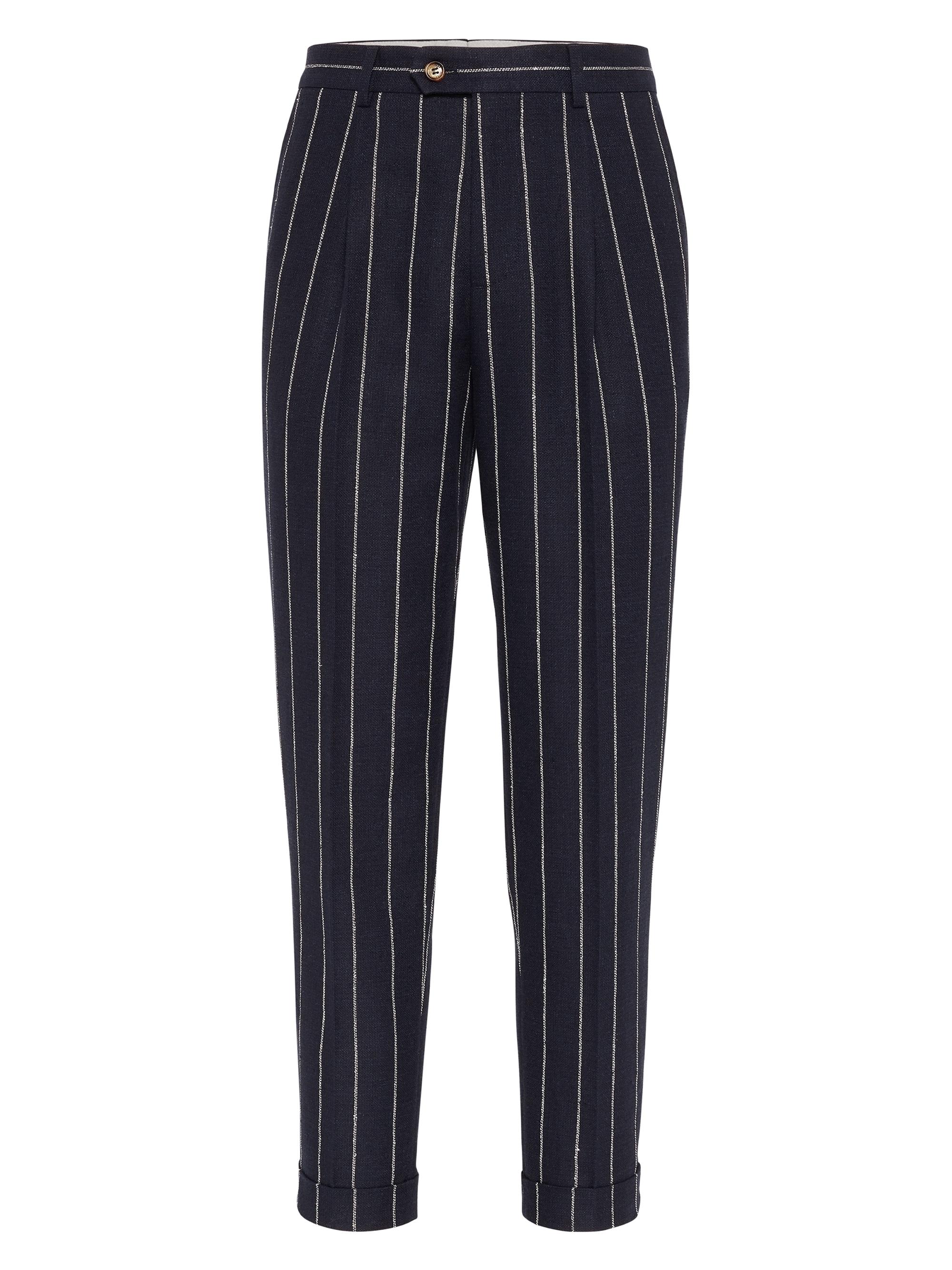 Brunello Cucinelli Men's Chalk Stripe Canvas Leisure Fit Trousers with Pleats - Navy Blue