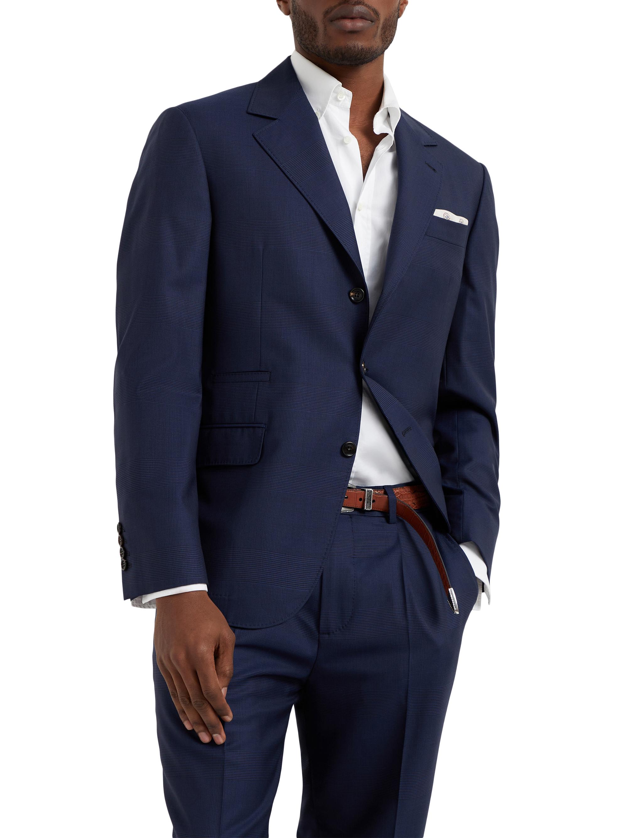 Brunello Cucinelli Men's Super 150s Virgin Wool Prince of Wales Jacket - Blue