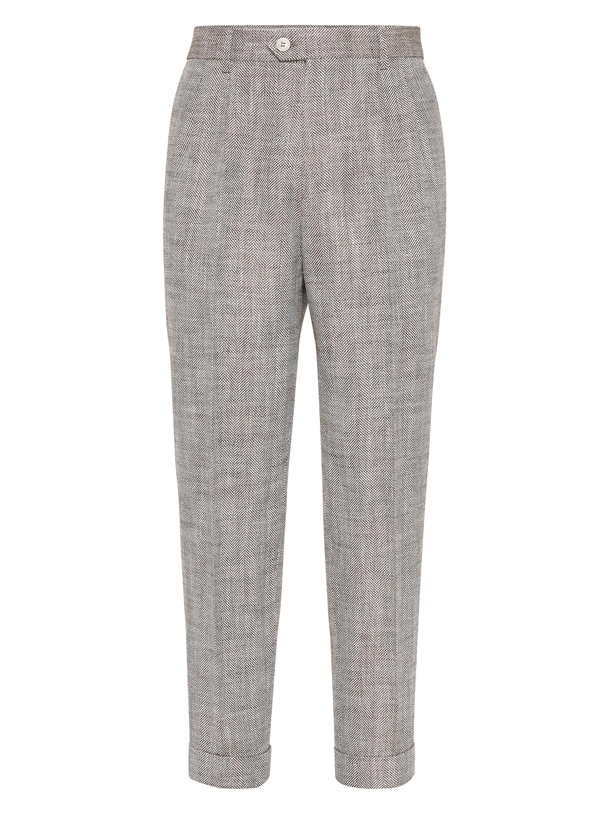 Brunello Cucinelli Men's Chevron Leisure Fit Trousers with Double Pleats - Brown