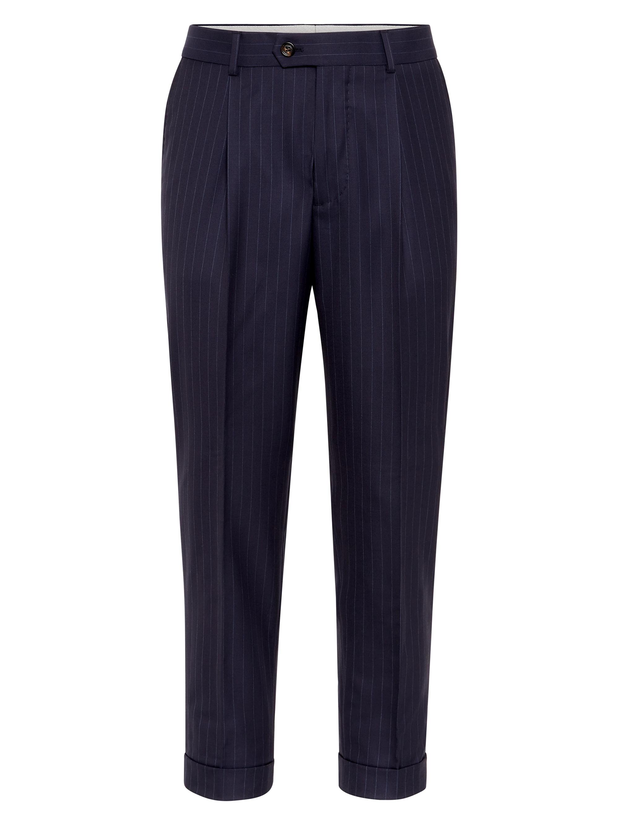 Brunello Cucinelli Men's Virgin Wool Leisure Fit Trousers with Pleats - Navy Blue