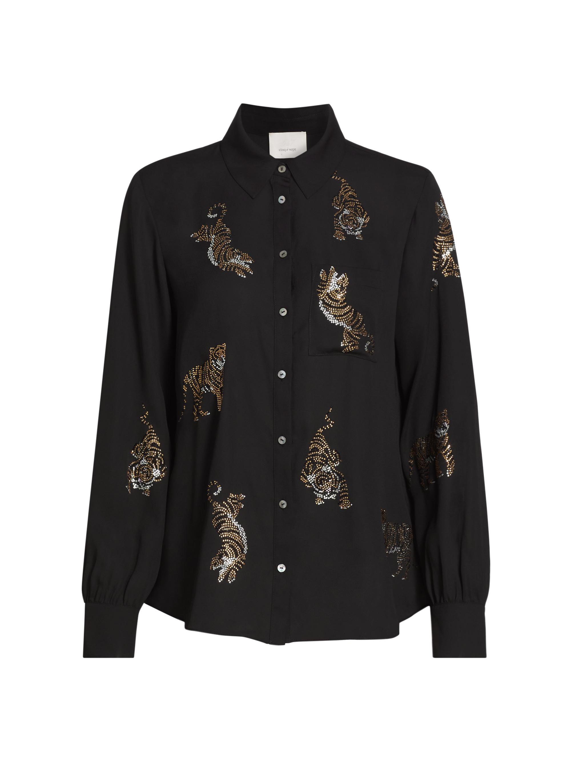 CINQ A SEPT Women's Blanche Rhinestone Tiger Button-Front Top - Black