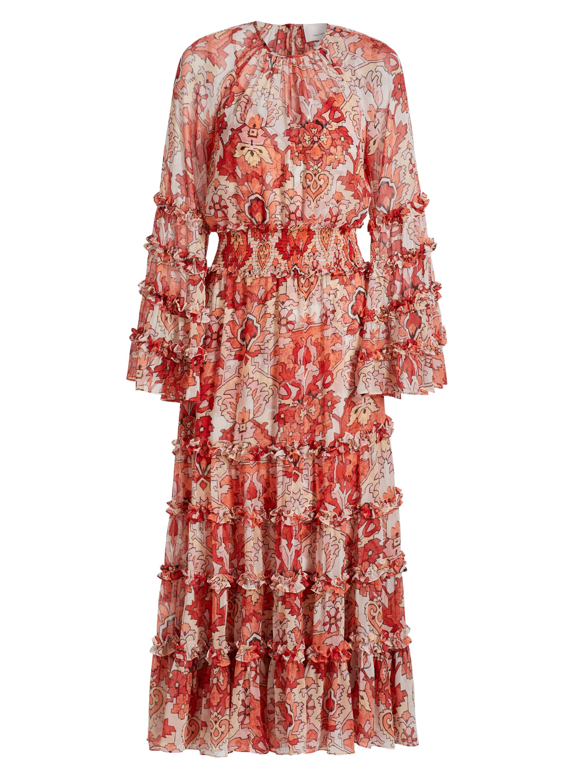 CINQ A SEPT Women's Sunnina Damask Tiered Midi-Dress - Pink Poppy Multi