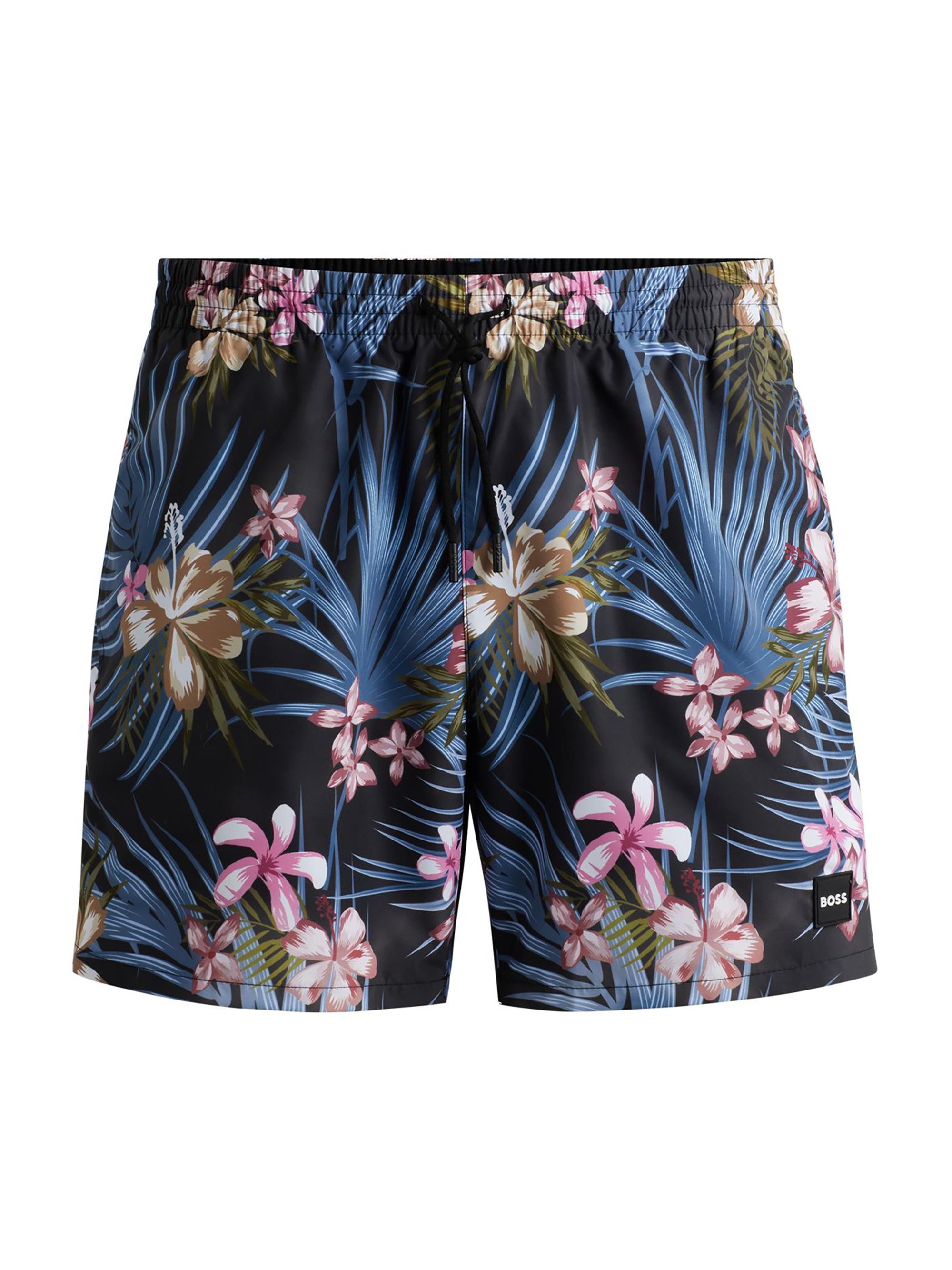 BOSS Men's Fully Lined Swim Shorts with Seasonal Print - Natural