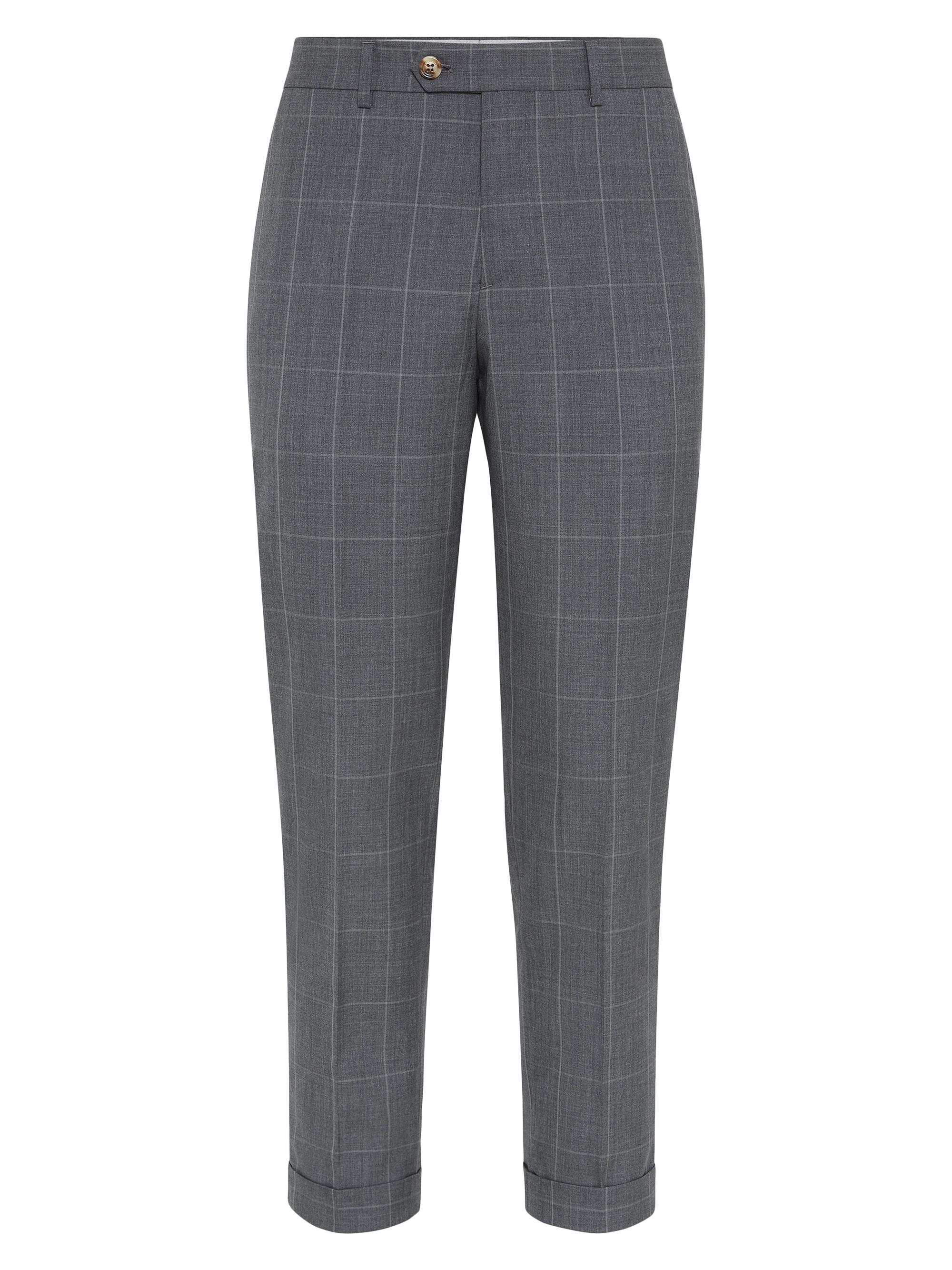 Brunello Cucinelli Men's Super 120s Virgin Wool Overcheck Formal Fit Trousers - Grey