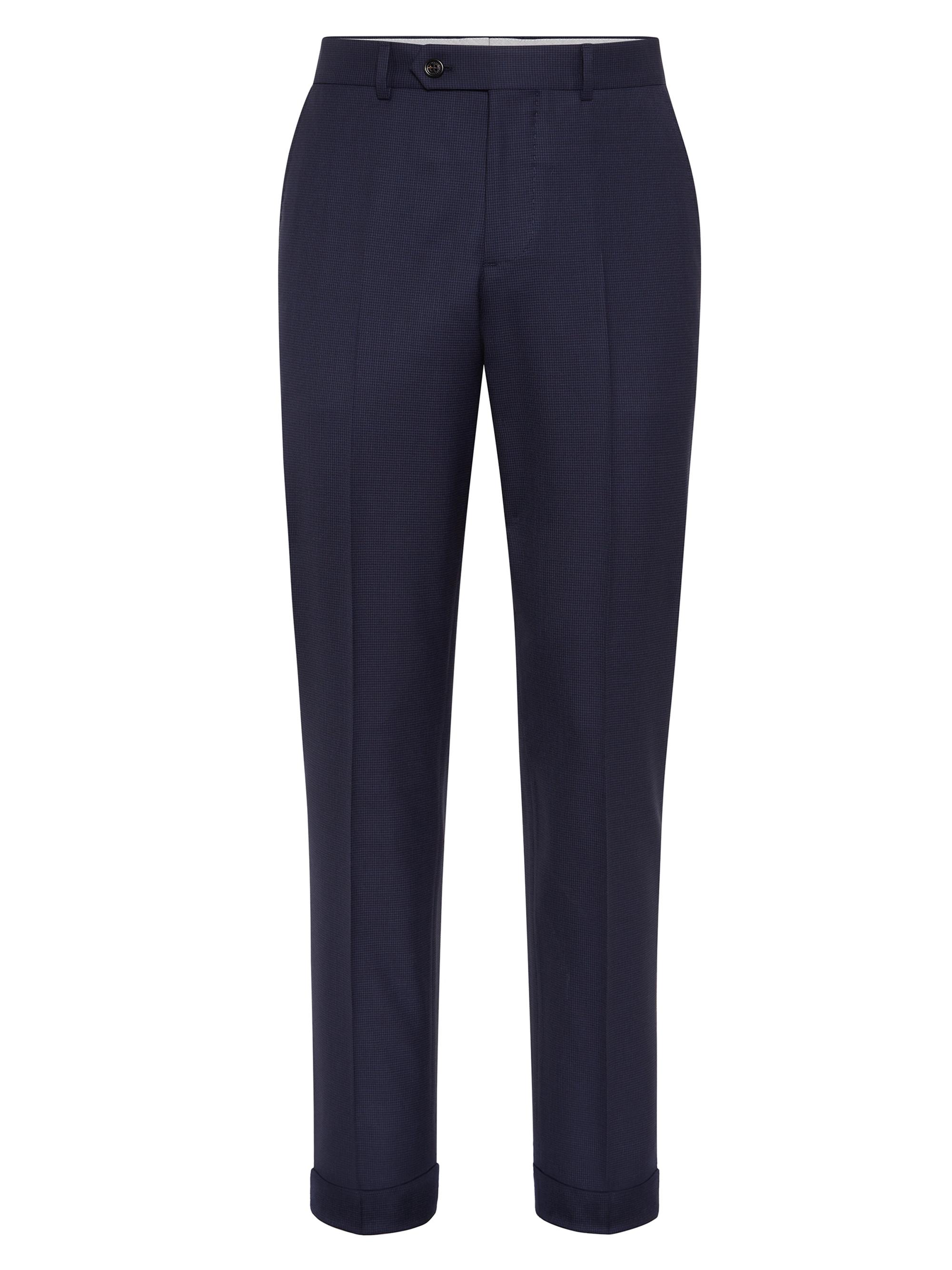 Brunello Cucinelli Men's Virgin Wool Houndstooth Formal Fit Trousers - Navy Blue