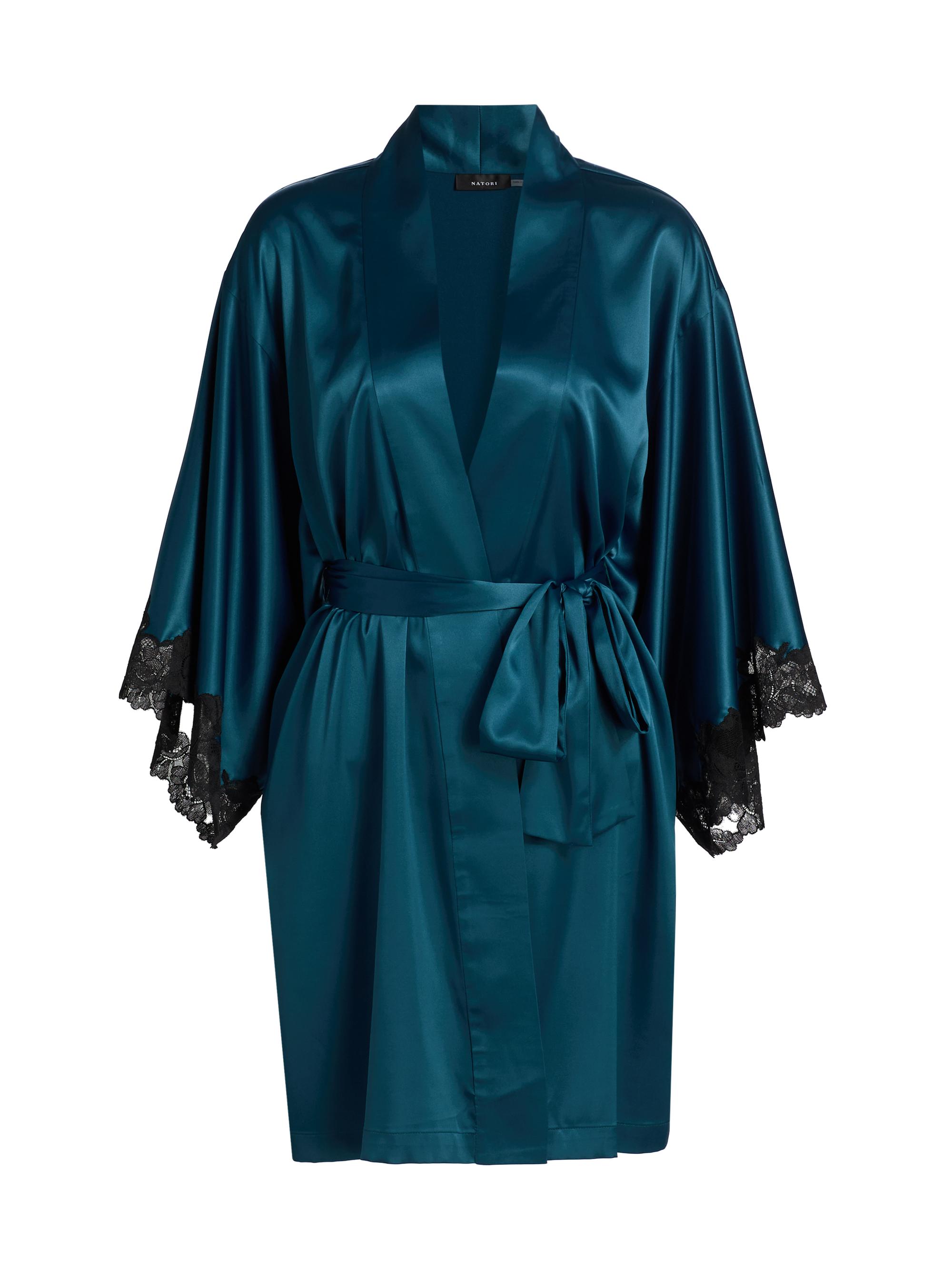 Natori Women's Peony Glamour Satin-Lace Self-Tie Robe - Midnight Teal