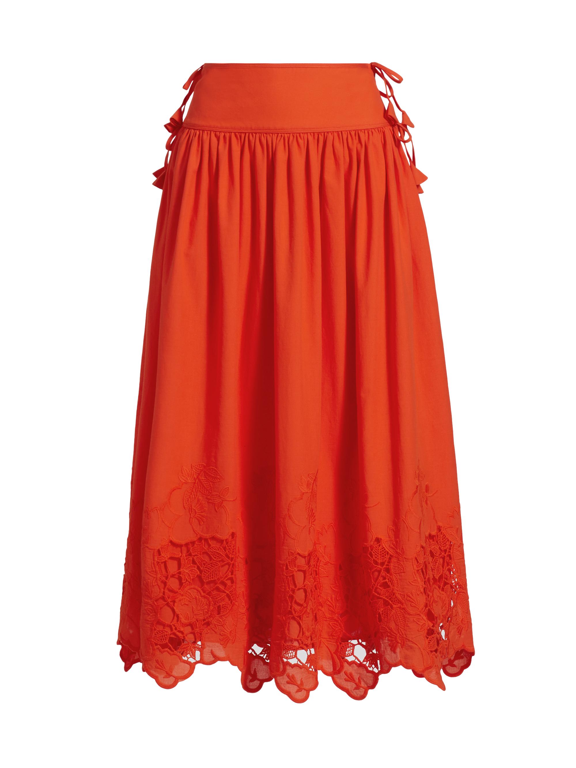 Hunter Bell Women's Nathalie Lace-Trim Cotton Midi-Skirt - Tangerine Tango Embroidery