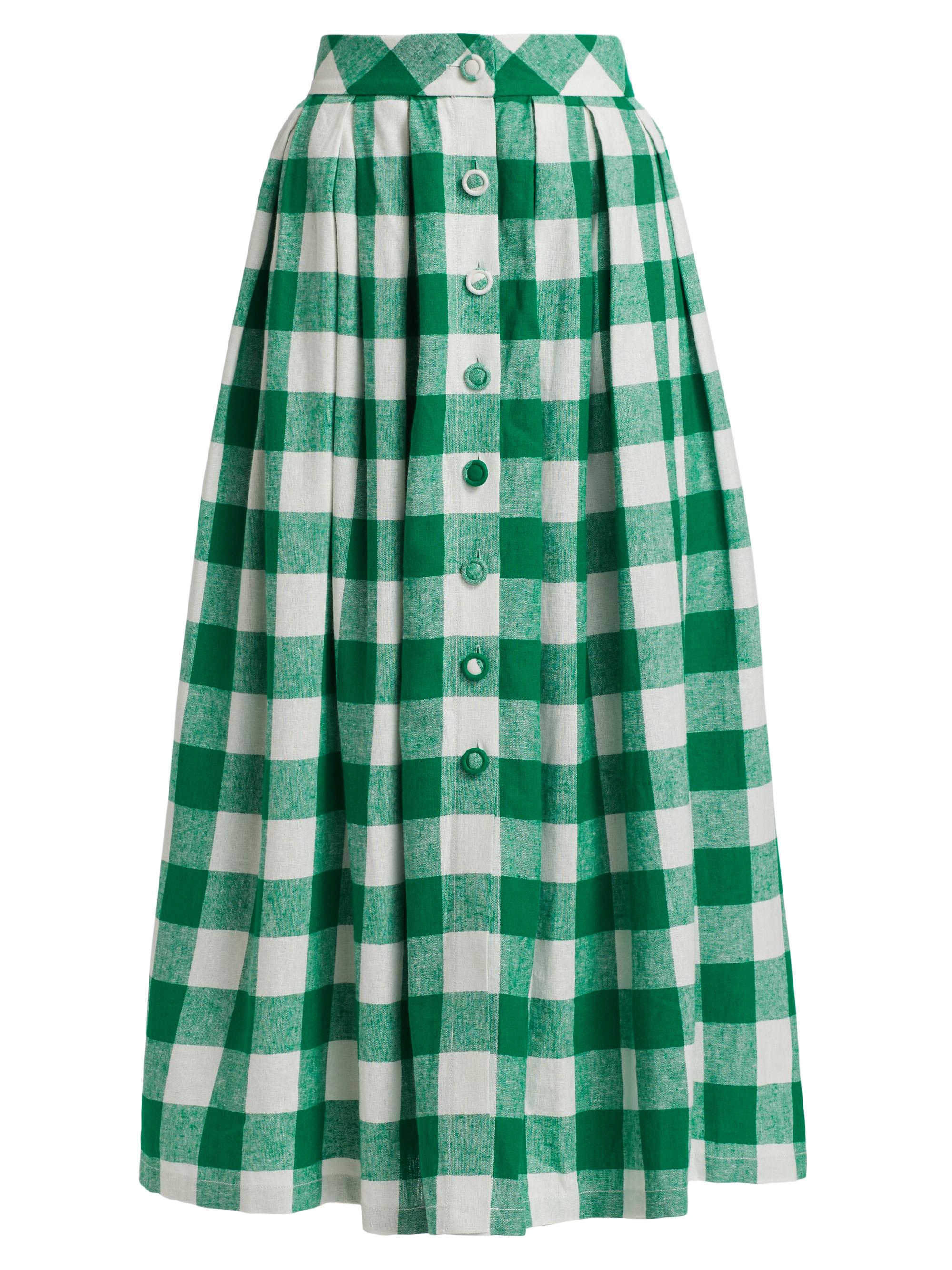 Hunter Bell Women's Eva Buffalo-Checked Linen-Blend Pleated Midi-Skirt - Emerald Check