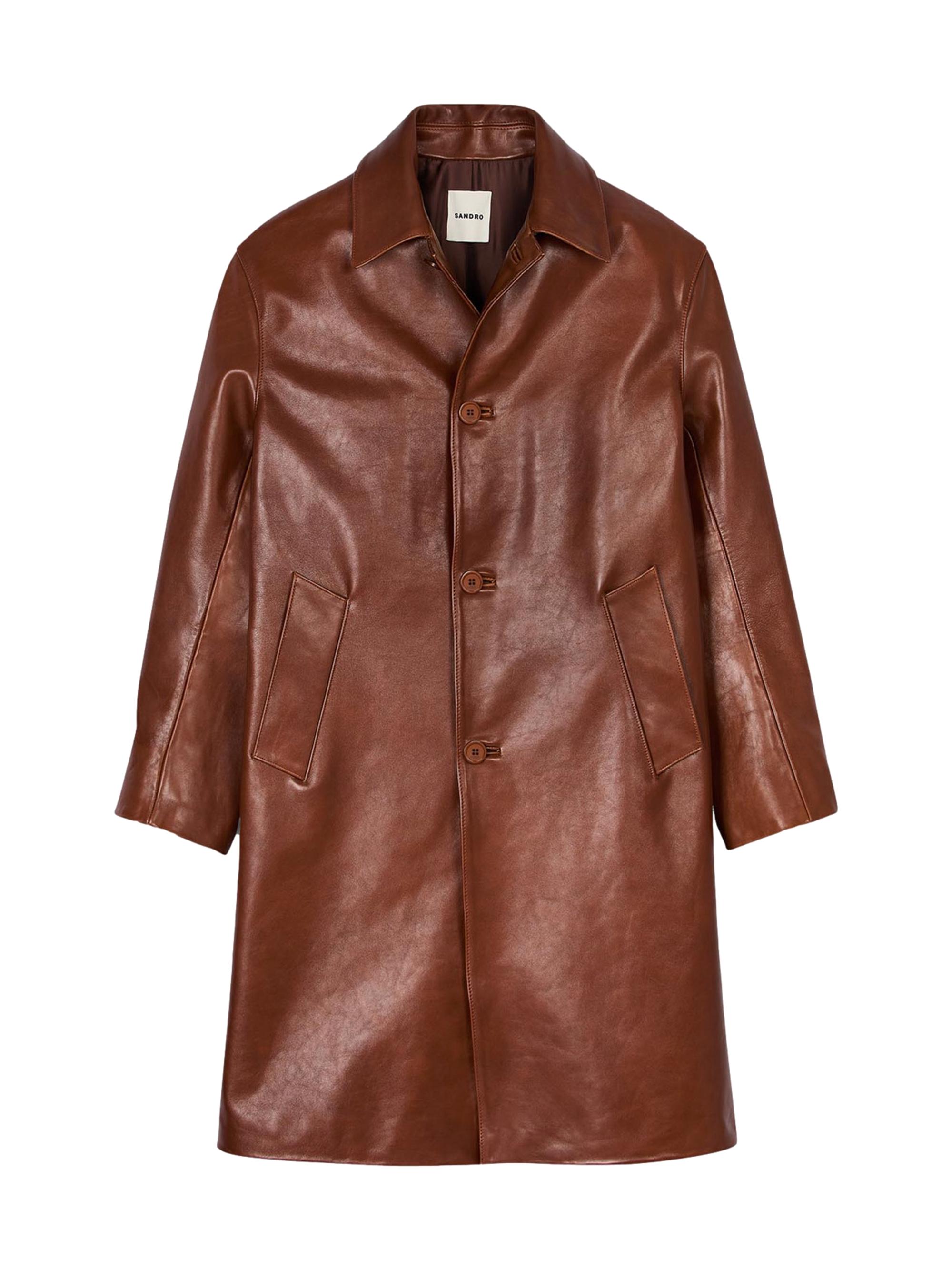 Sandro Men's Leather Mac Coat - Cognac