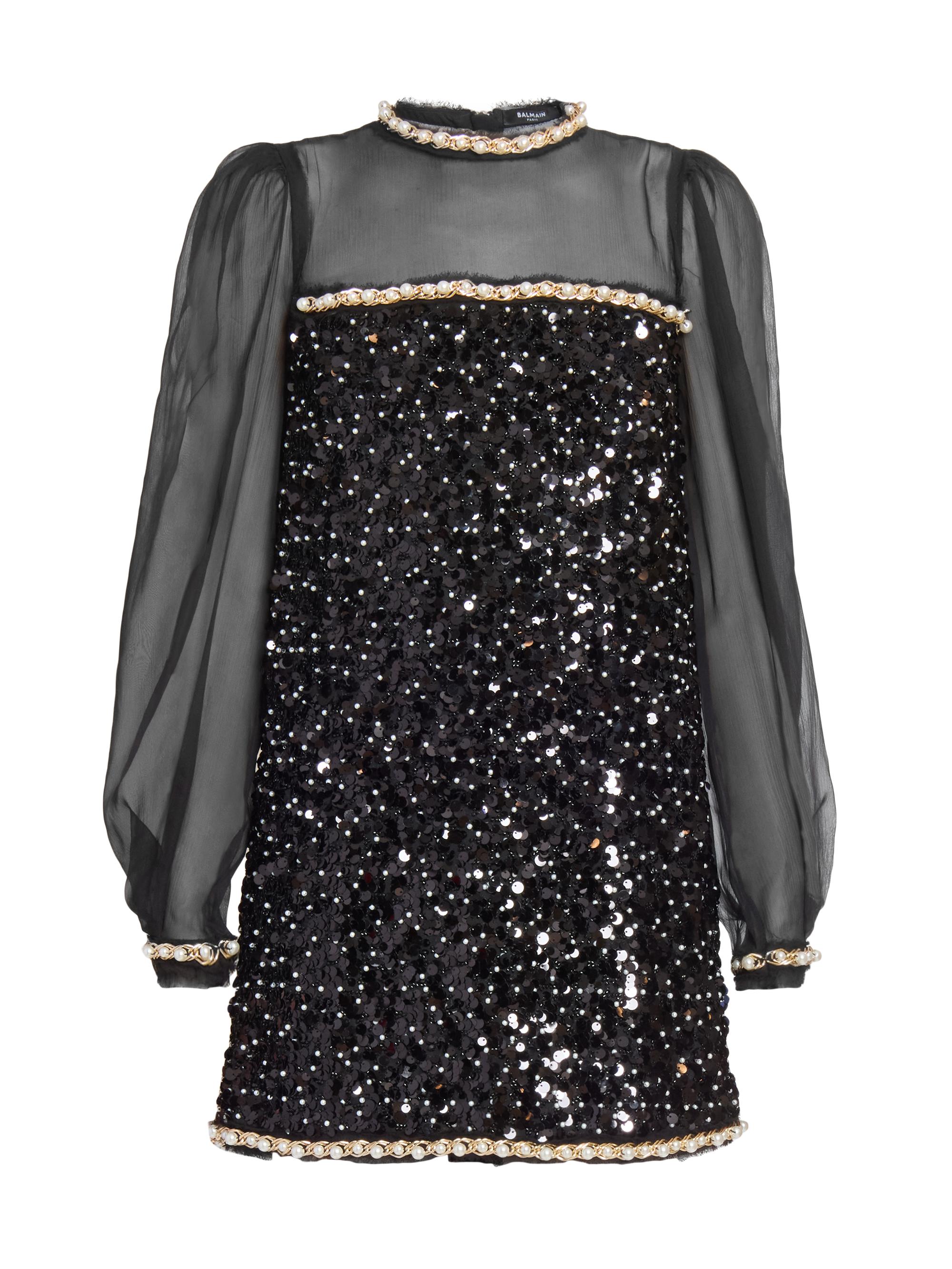 Balmain Women's Imitation Pearl-Trimmed Sequined Shift Minidress - Eel Noir Or Blanc