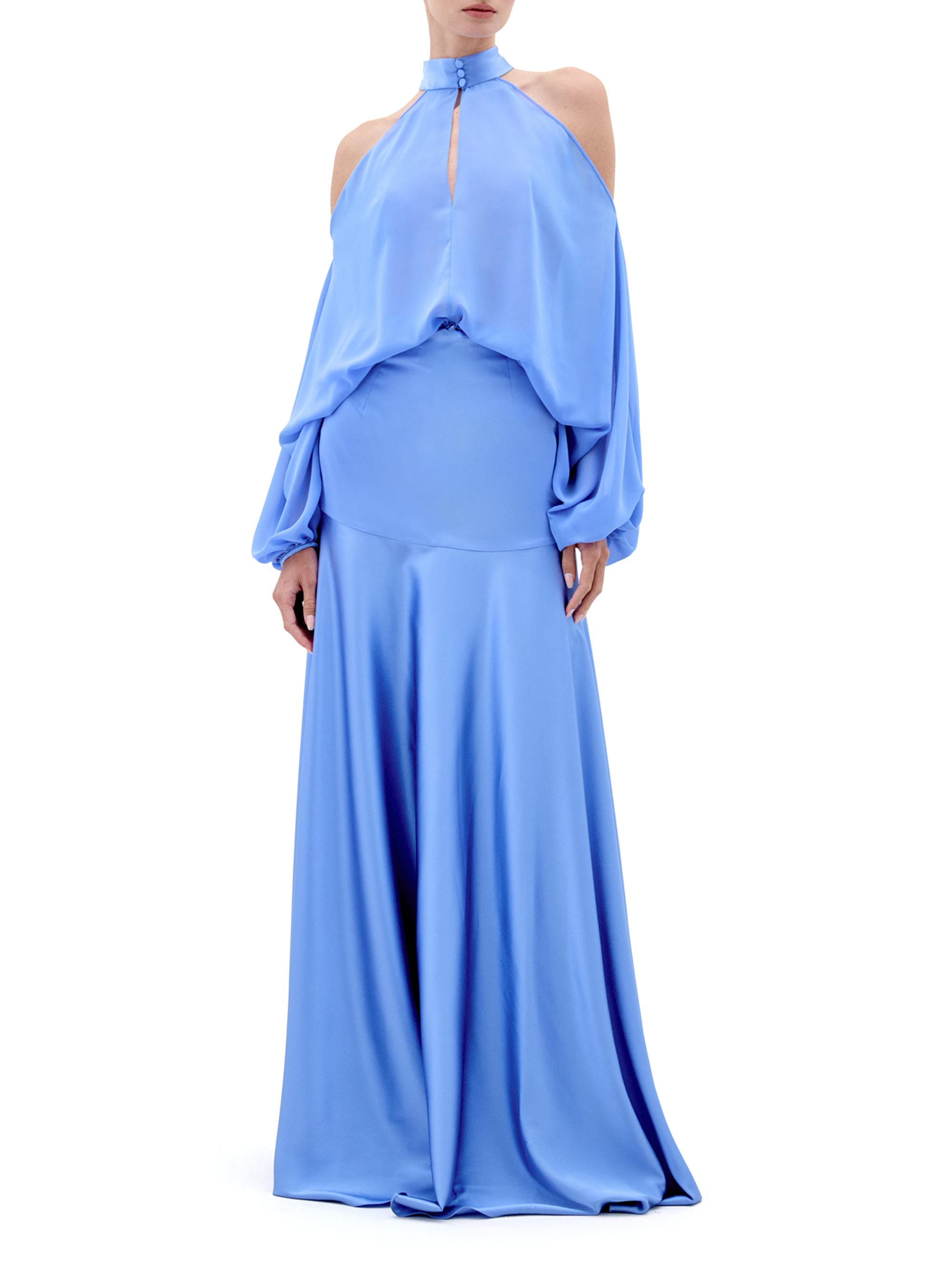 silk blouson dress Satin Tie-Neck Blouson Dress  Luxury Satin Party Dress Black / L