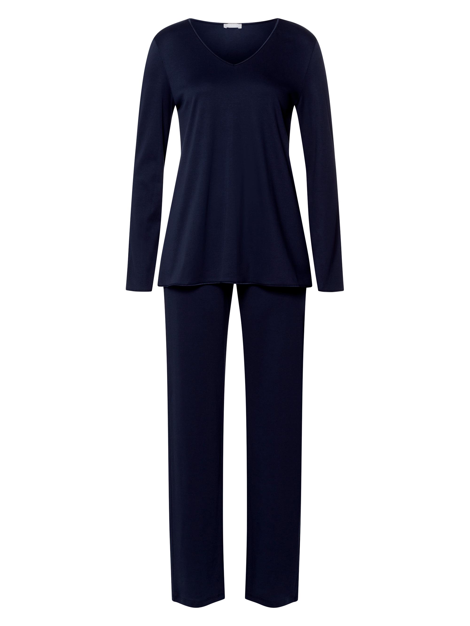 Hanro Women's Cotton-Silk V-Neck Long Pajamas - Deep Navy
