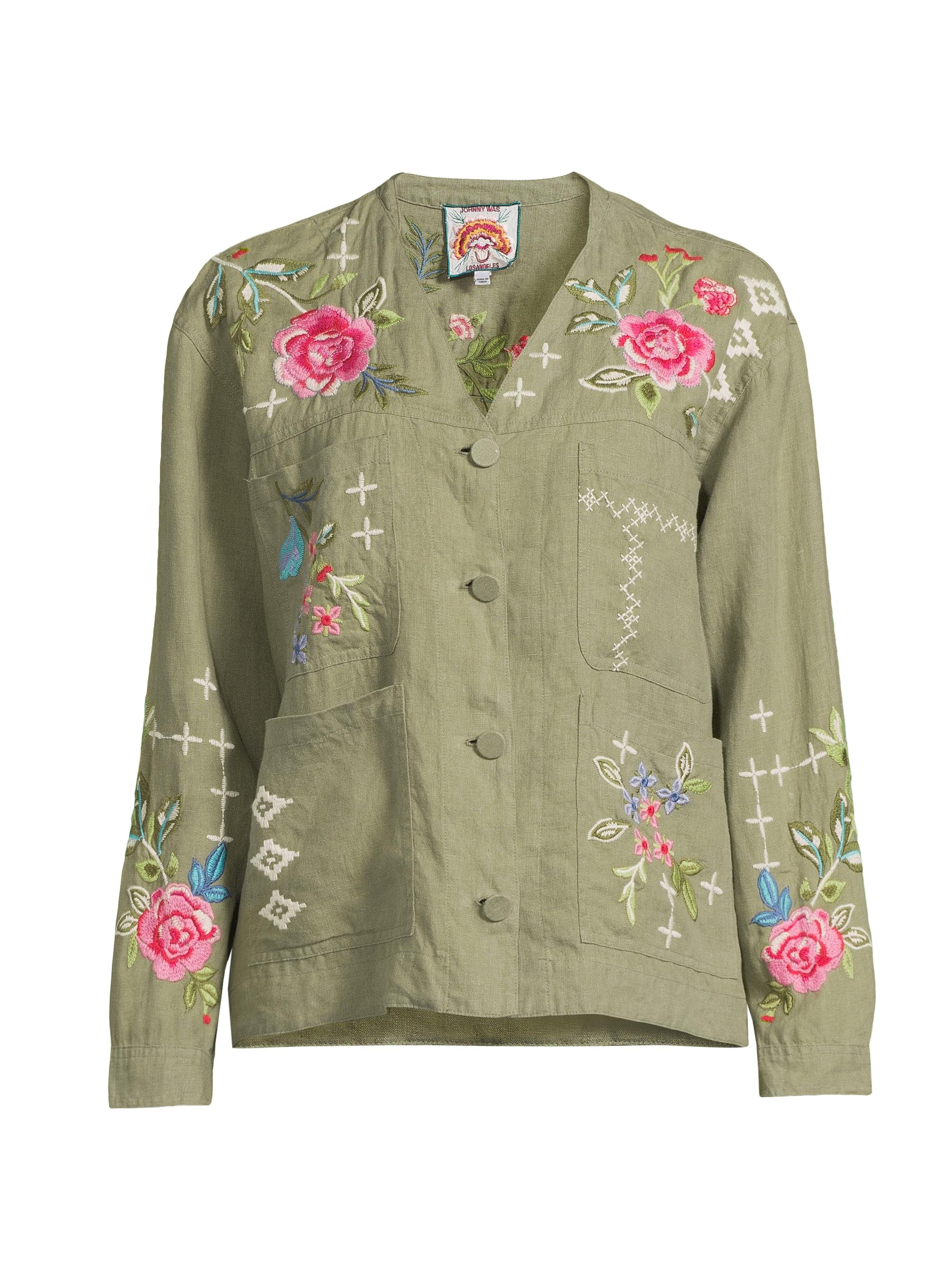 Johnny Was Women's Floral-Embroidered Linen Workwear Jacket - Tortoise