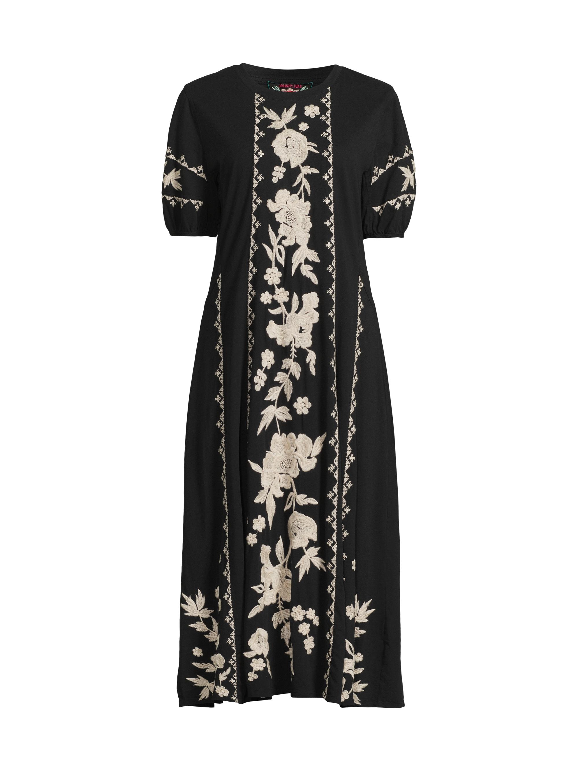 Johnny Was Women's Camille Floral-Emboirdered Cotton Midi-Dress - Black