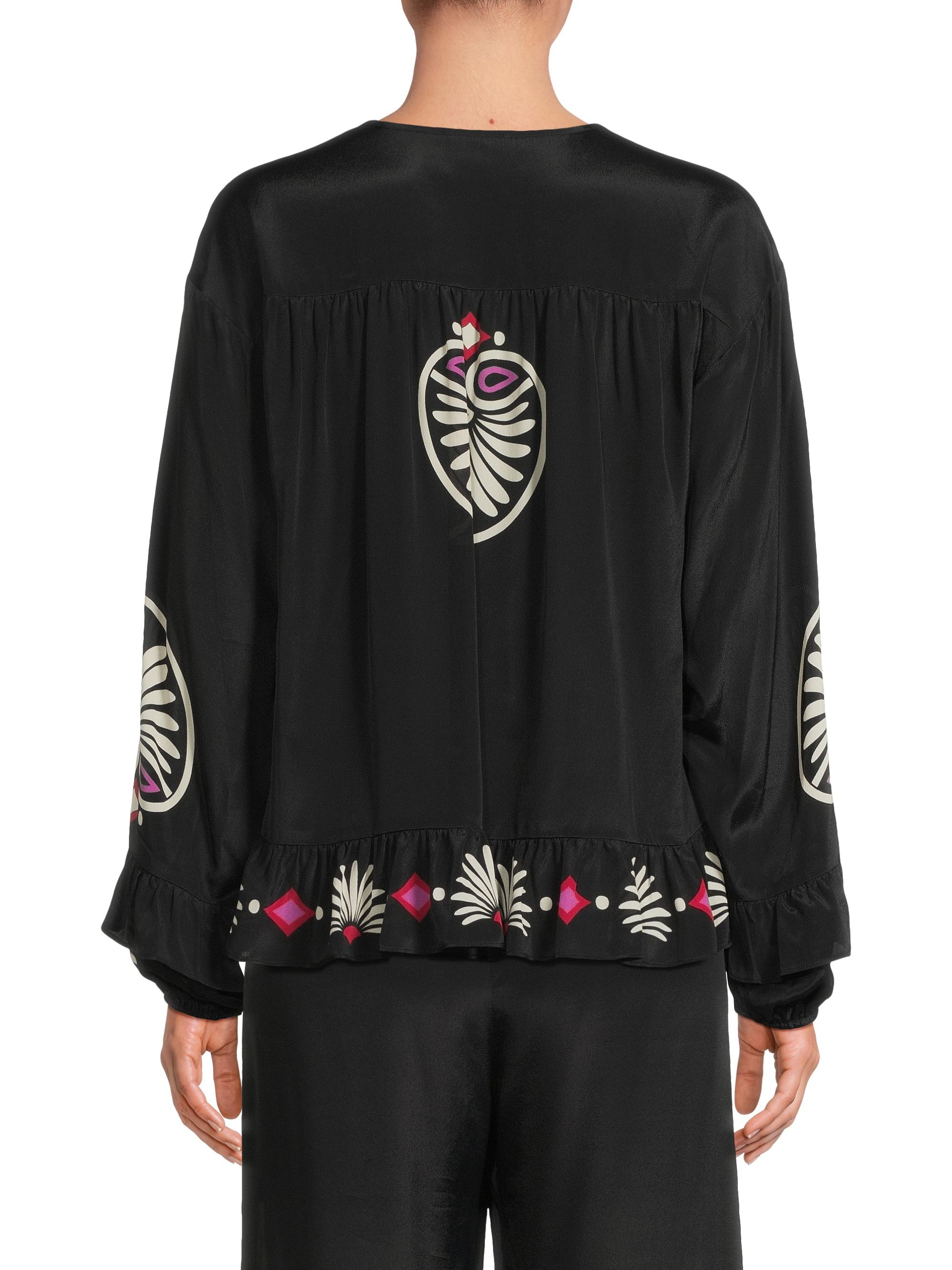 Johnny Was Madelyn Geometric Ruffled Tie-Neck Blouse | Saks