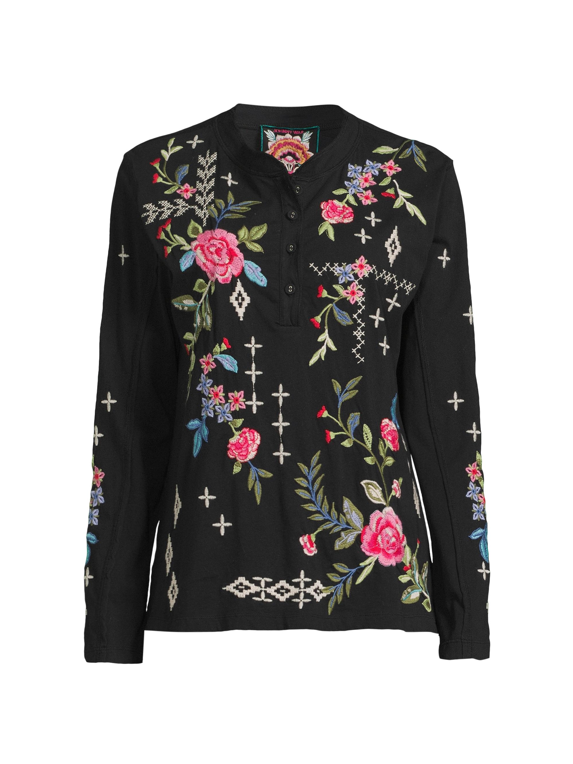 Johnny Was Women's Floral Cotton Henley Shirt - Black