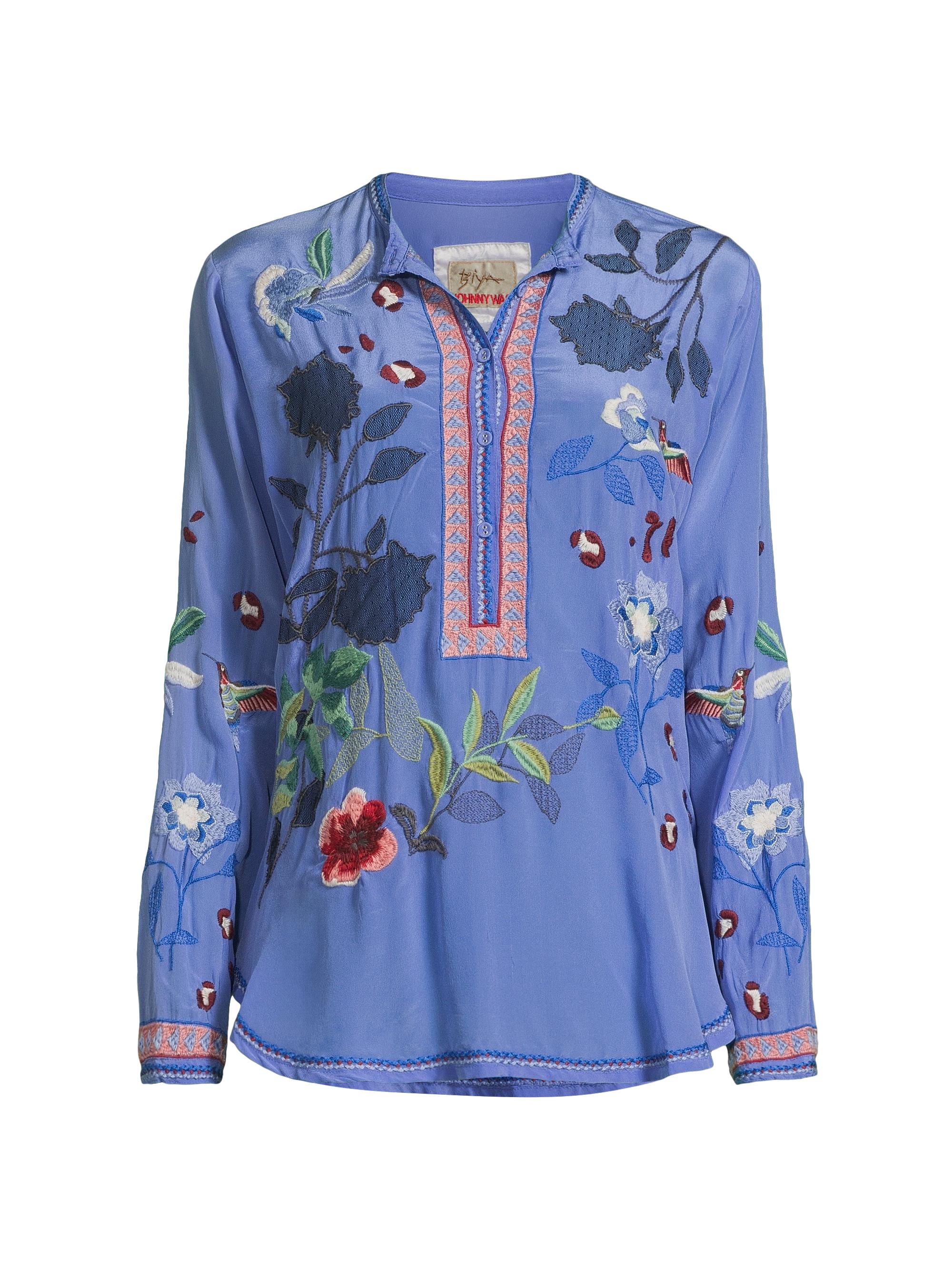 Johnny Was Women's Nya Floral-Embroidered Silk Button-Front Shirt - Baja Blue
