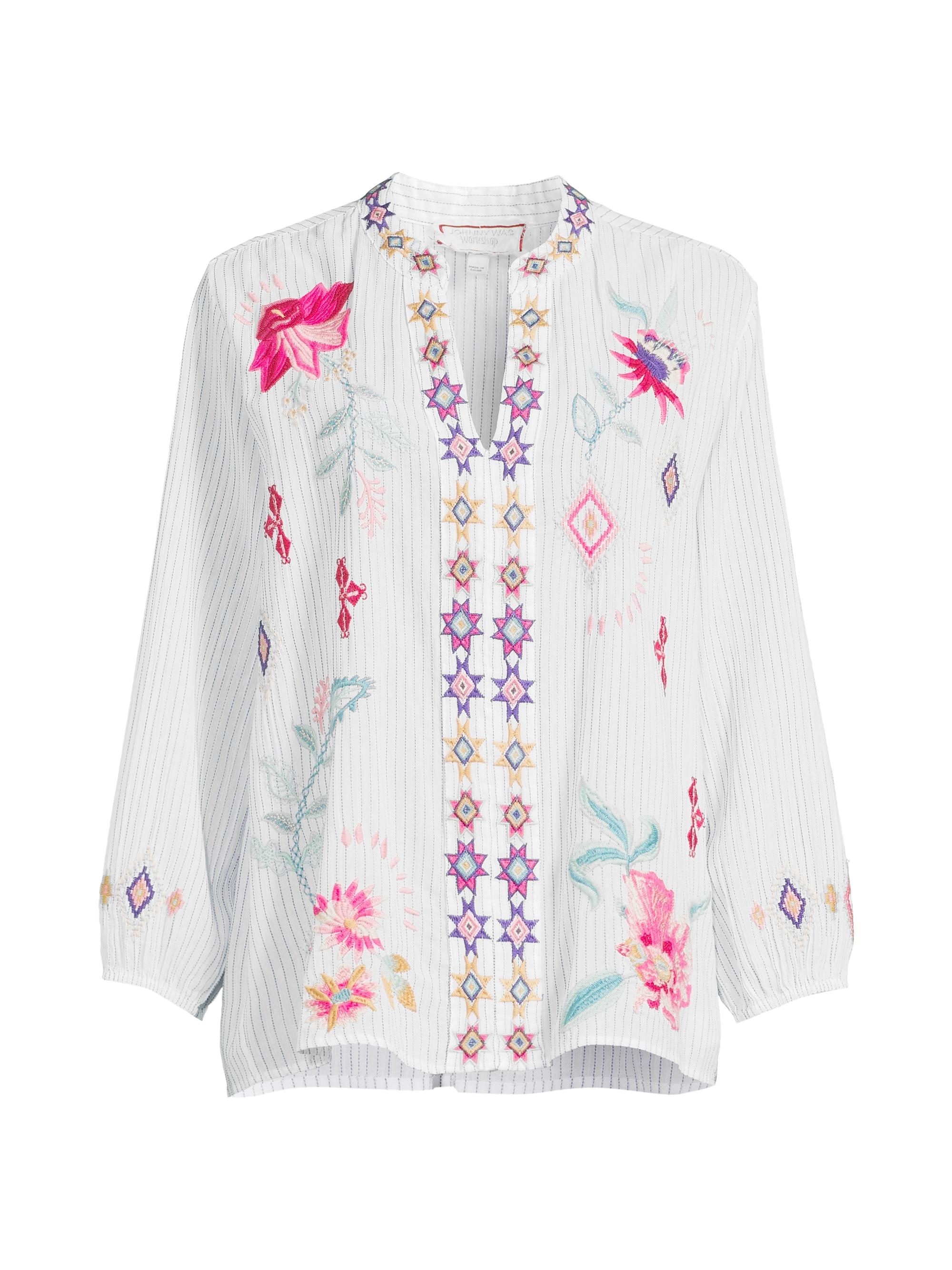 Johnny Was Women's Paris Embroidered Cotton Split-Neck Blouse - Kadi Stripe