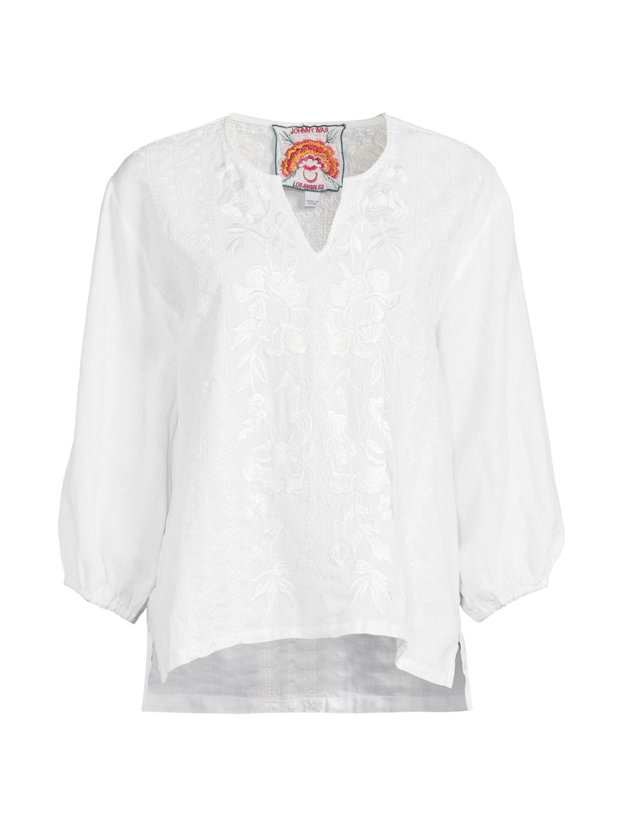 Johnny Was Women's Camille Embroidered Linen Split-Neck Blouse - White