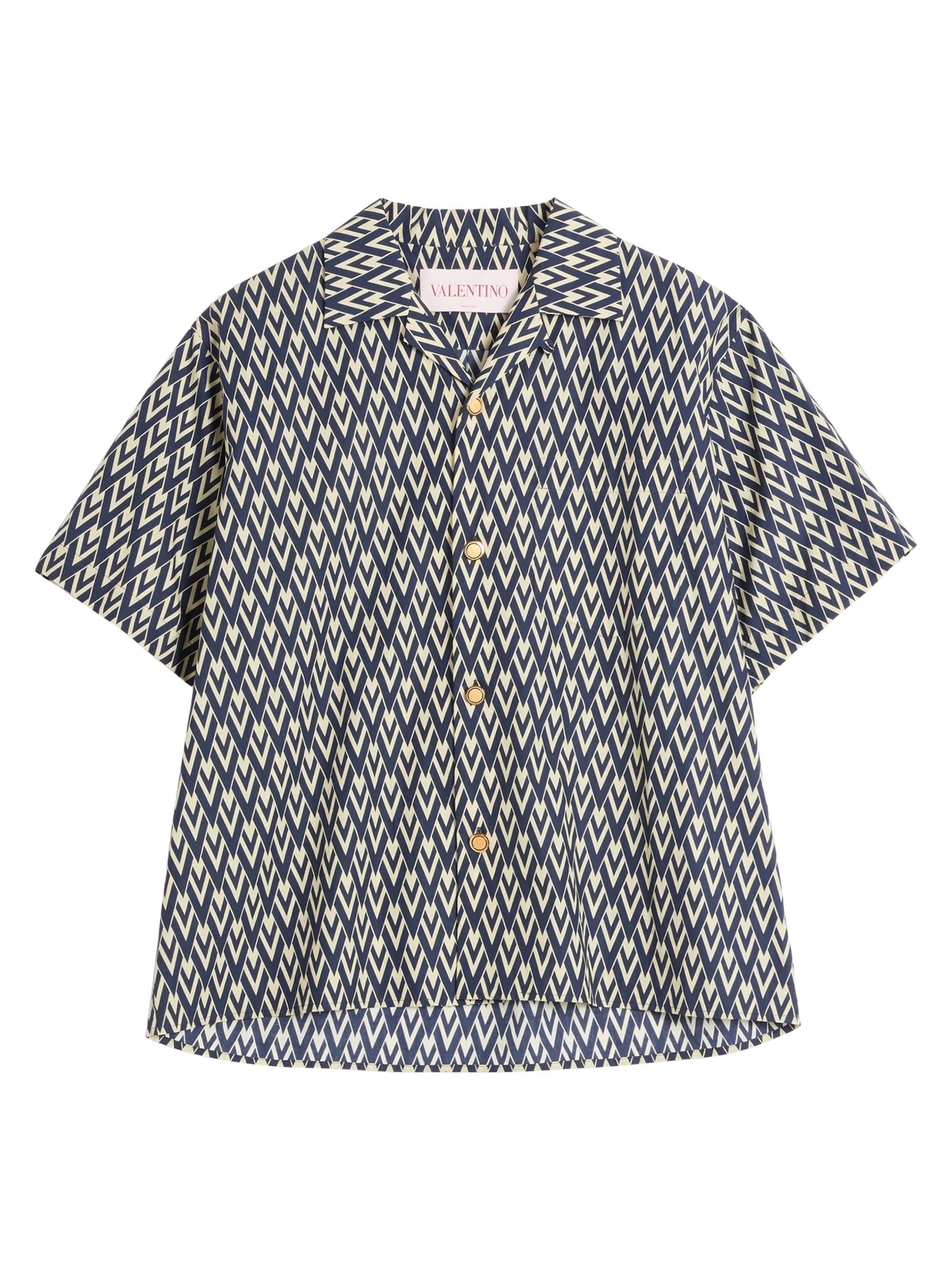 Valentino Garavani Men's Cotton Popeline Bowling Shirt with Toute La V Print - Navy Cream