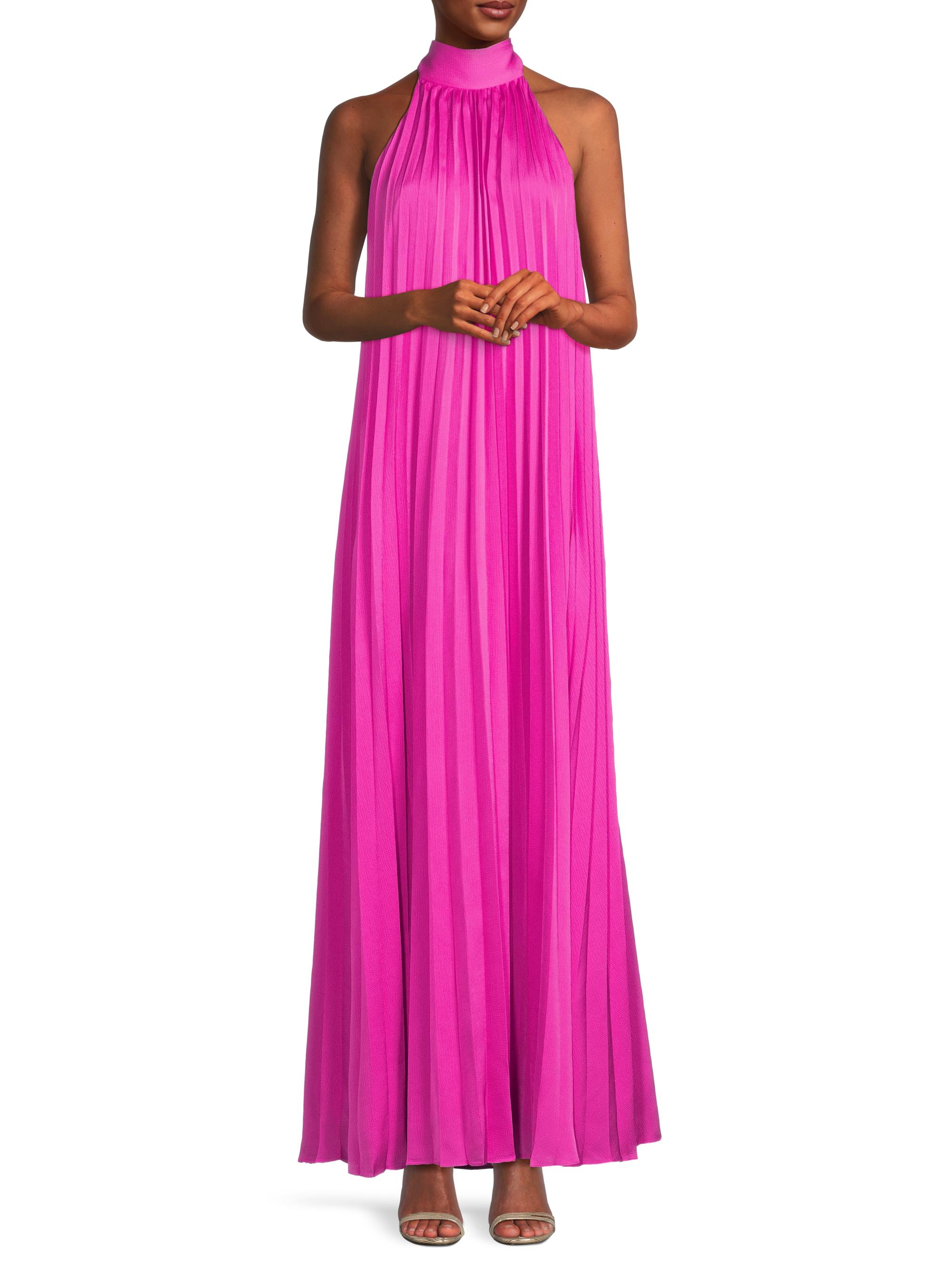 slim fit dress slacks Gold Satin Pleated Halter Open Back Simple Prom Bridesmaid Dress main image 1
