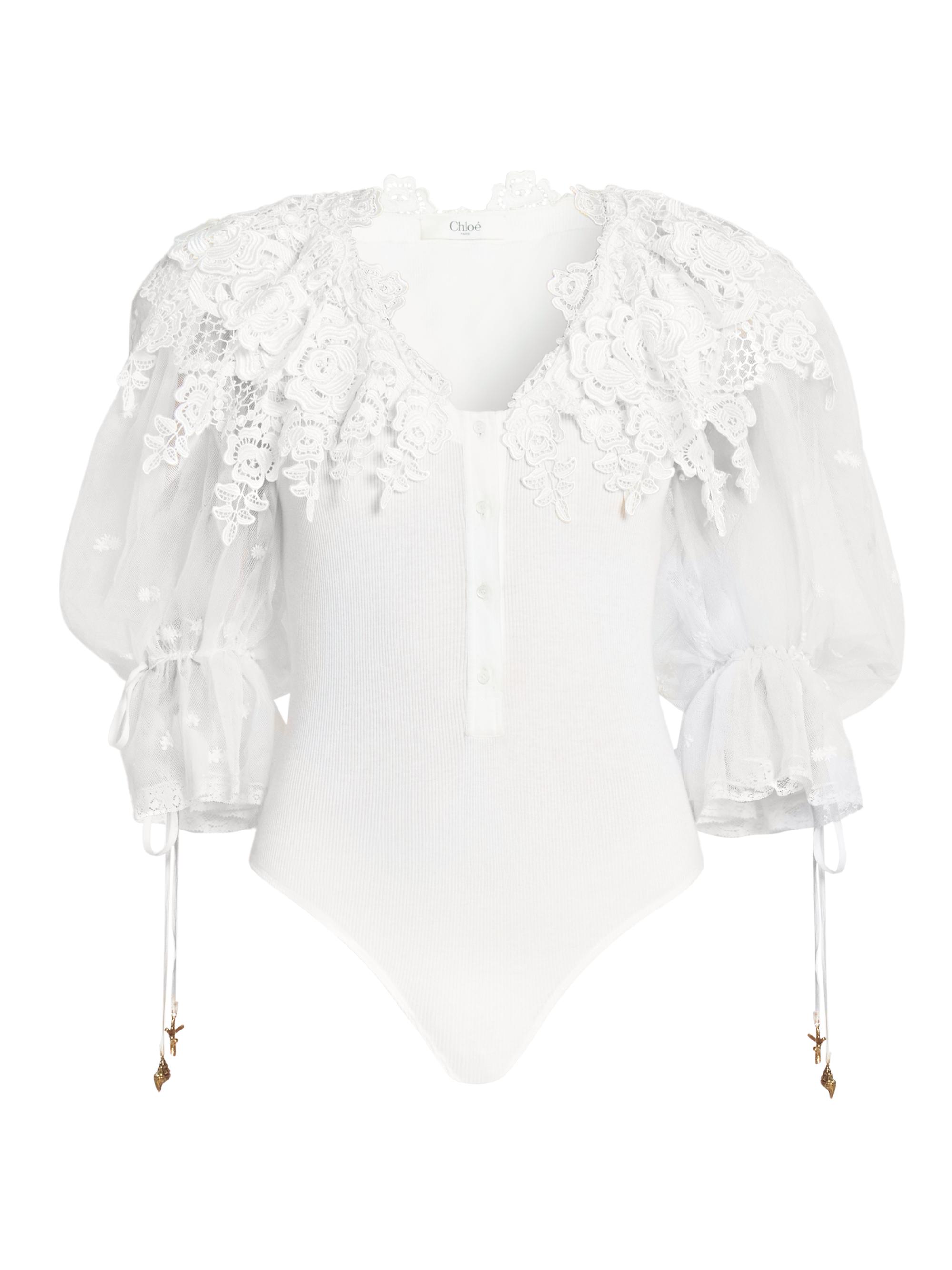 Chloé Women's Cotton Lace V-Neck Bodysuit - Iconic Milk