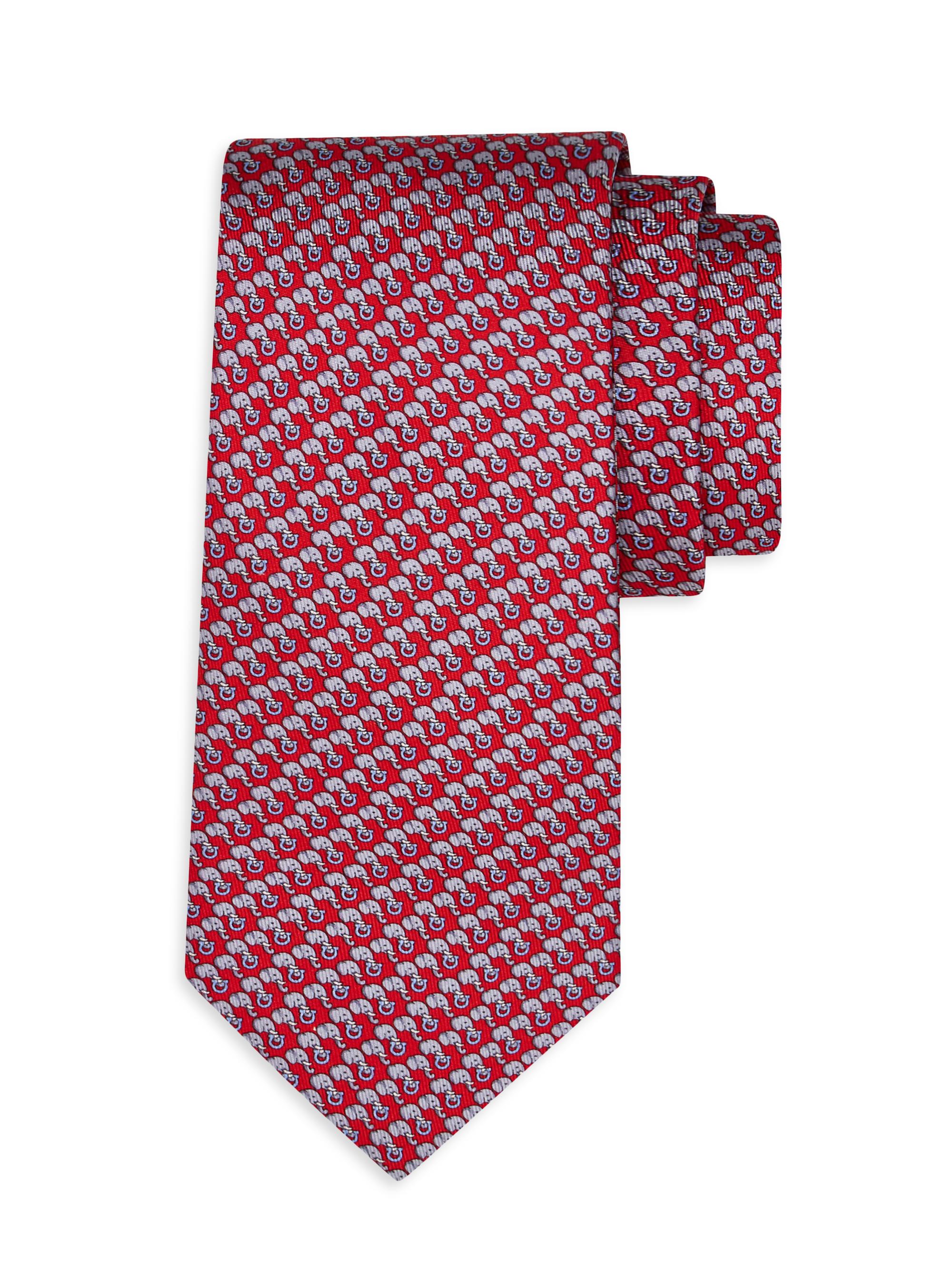 FERRAGAMO Men's Aris Elephant-Print Silk Tie - Rosso Azzurro