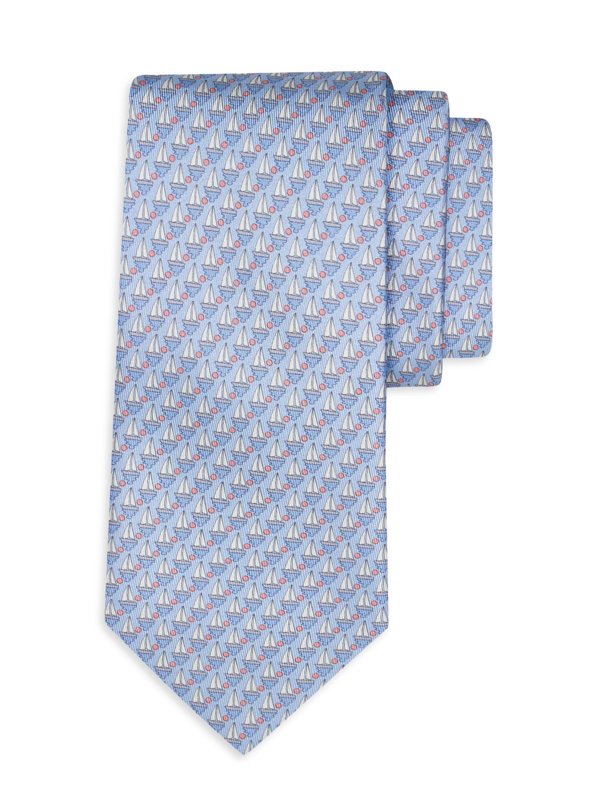 FERRAGAMO Men's Alba Sailboat-Print Silk Tie - Celeste