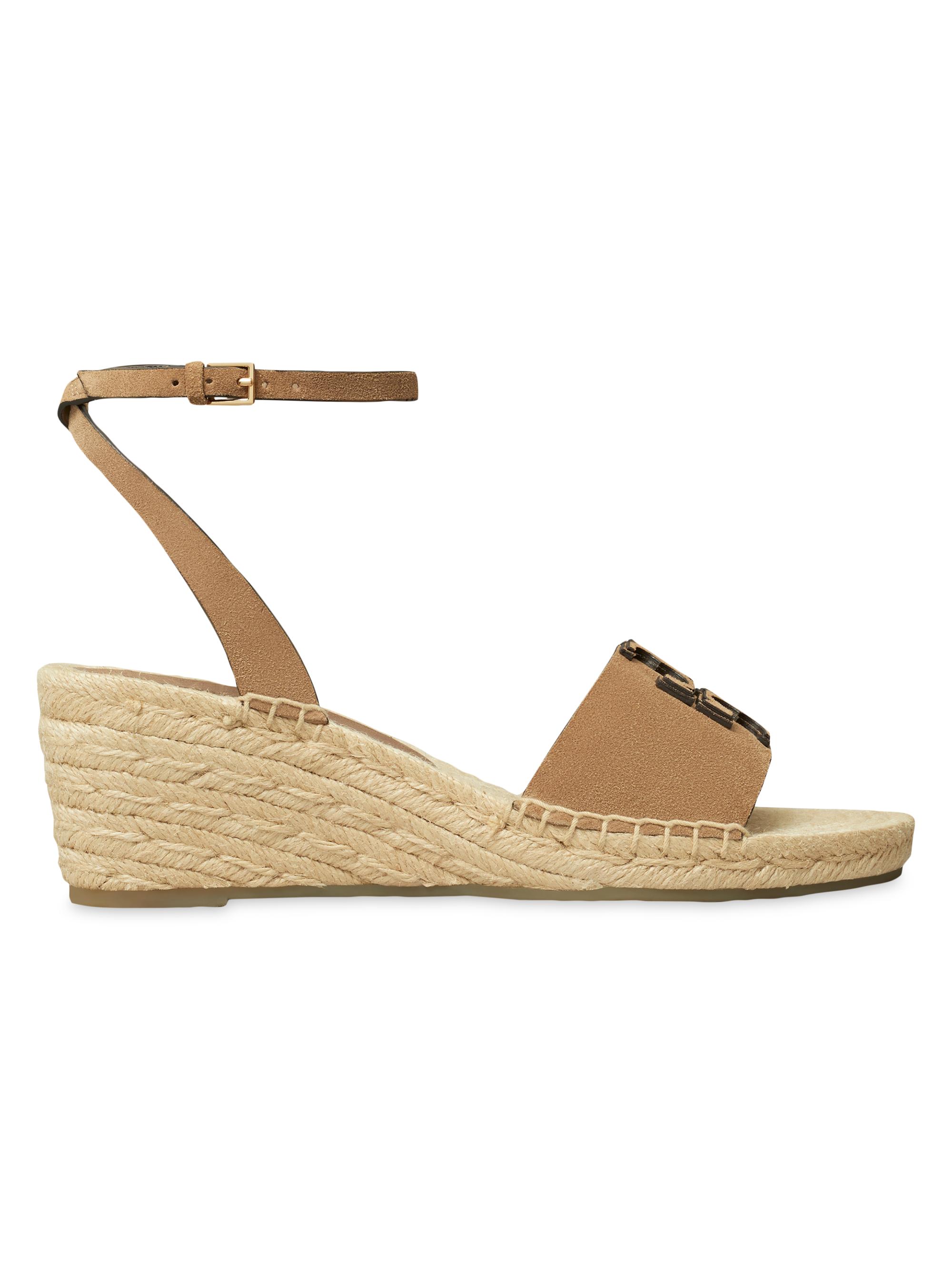 Tory Burch Women's Ines Leather Double T Wedge Espadrille Sandals - Noisette