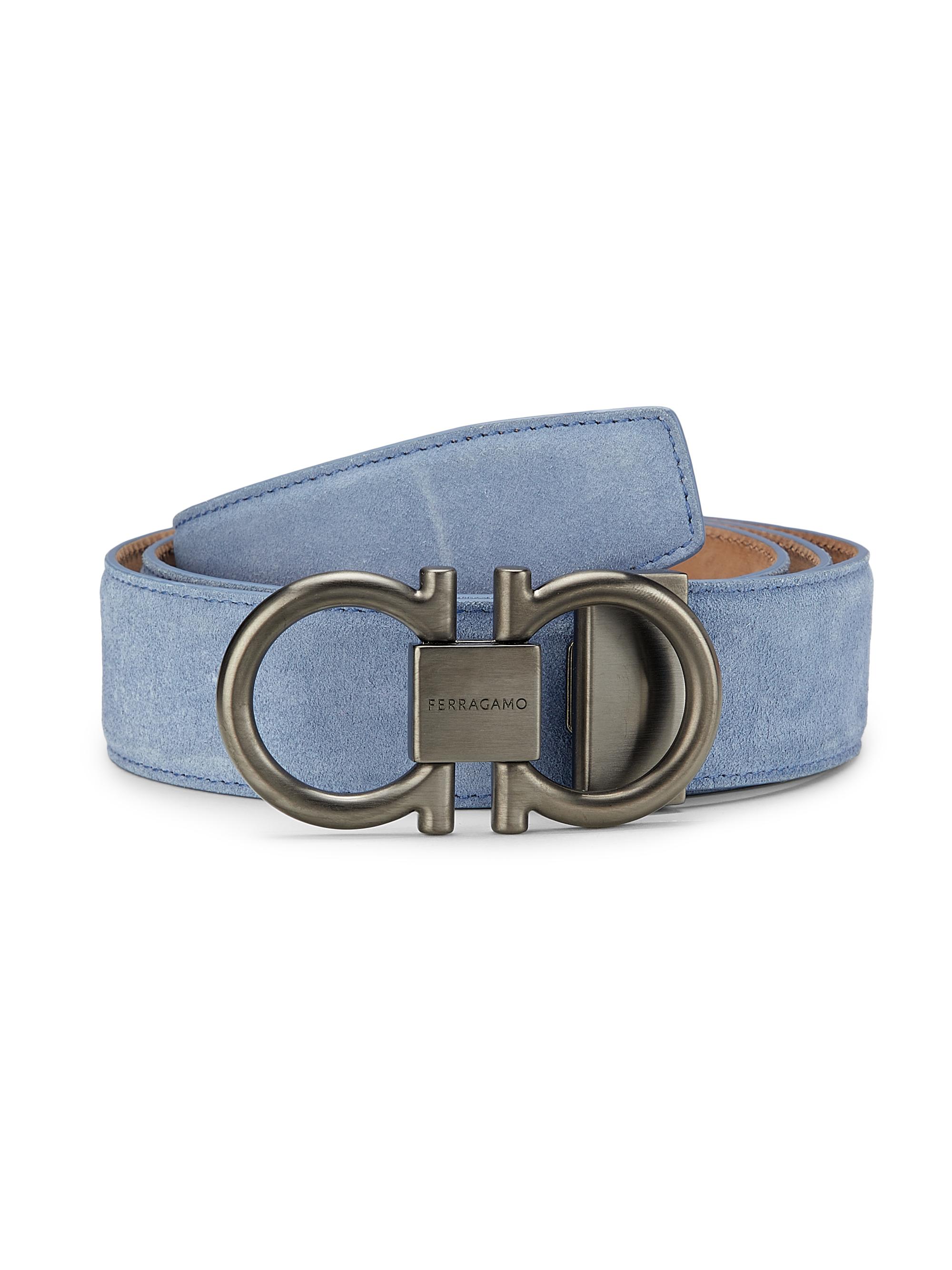 FERRAGAMO Men's Gancini Suede Belt - Blue Naturale