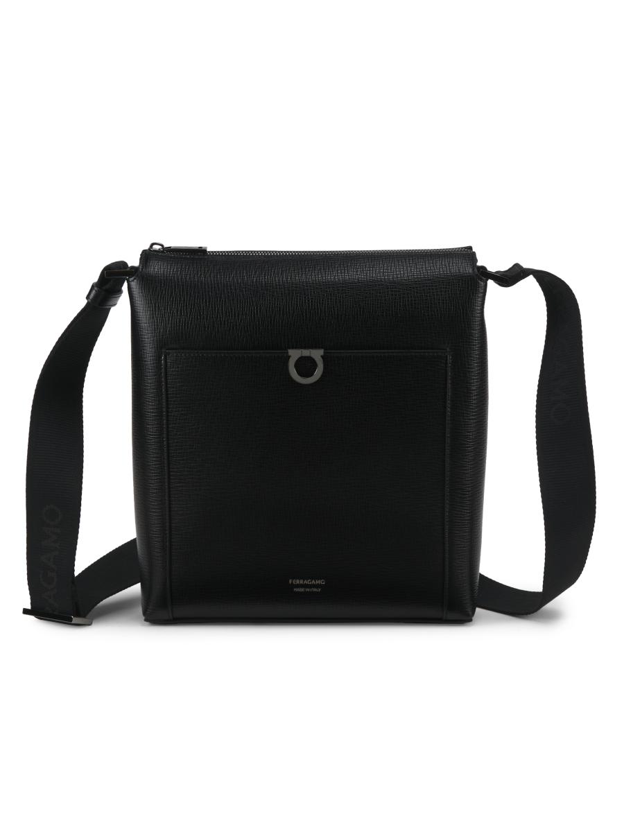 Ferragamo Men's Trading Gancio Leather Crossbody Bag In Black