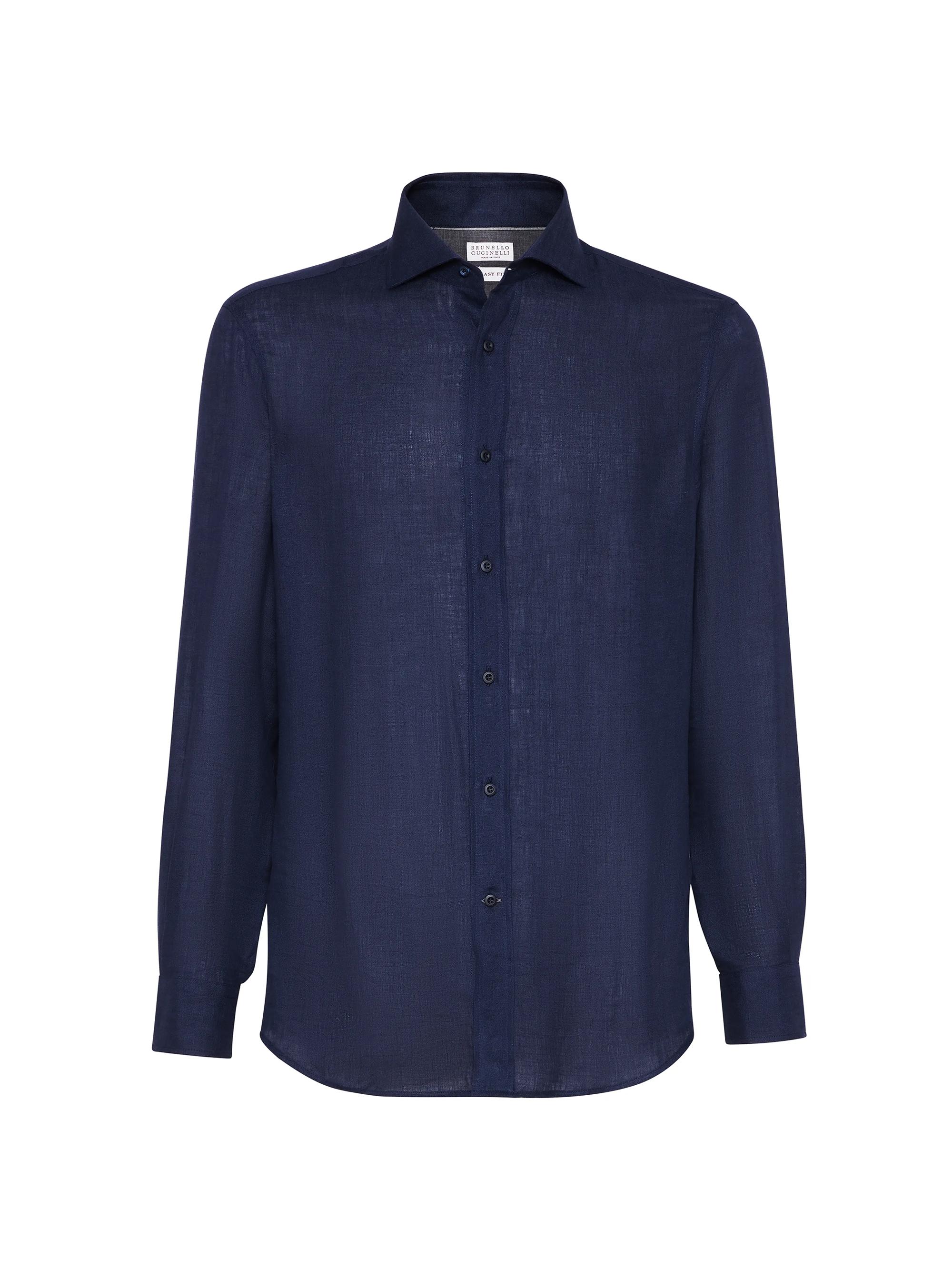 Brunello Cucinelli Men's Linen Easy Fit Shirt with Spread Collar - Navy Blue