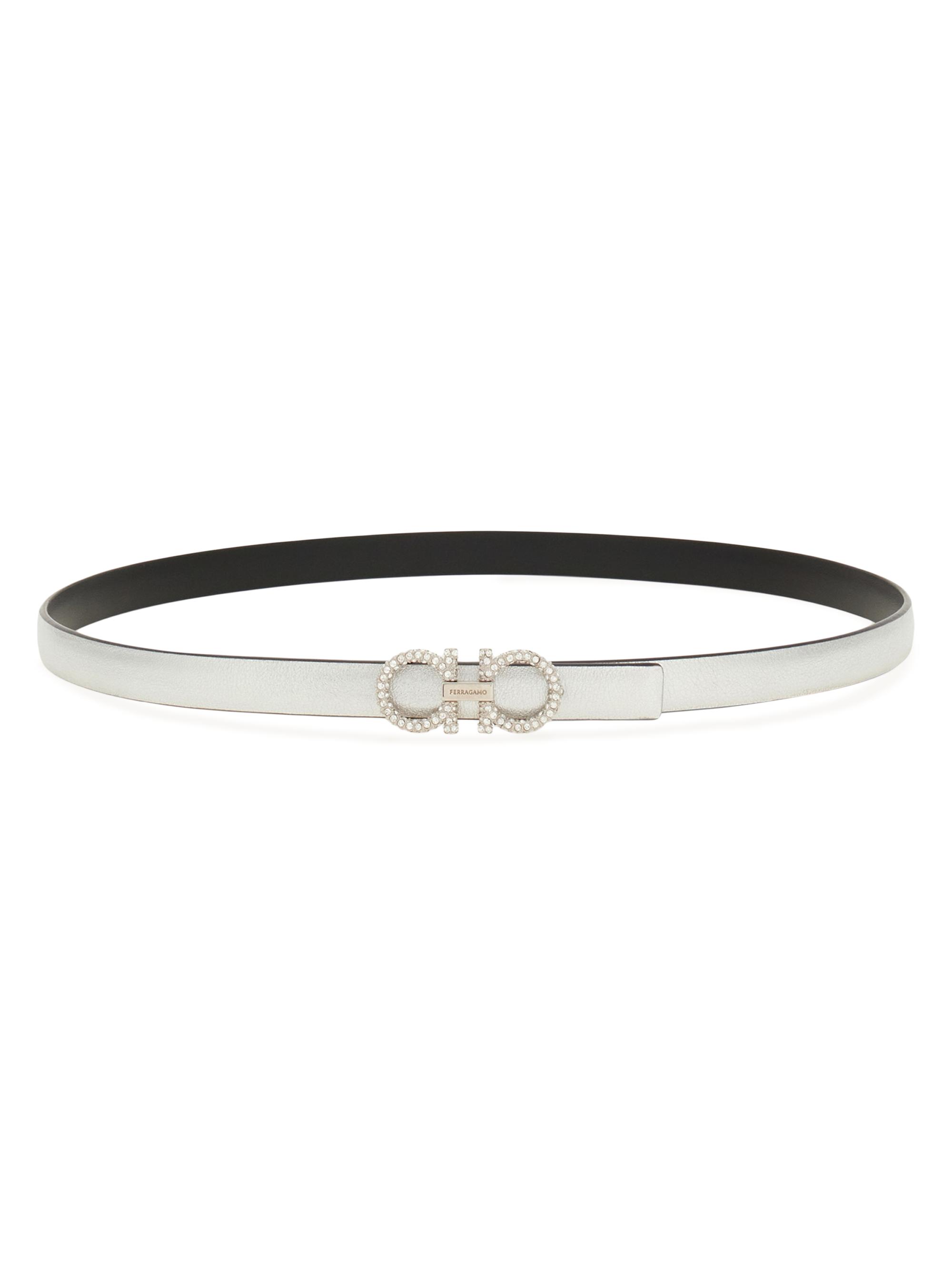 FERRAGAMO Women's Donna Embellished Double Gancino Leather Reversible Belt - Silver Black
